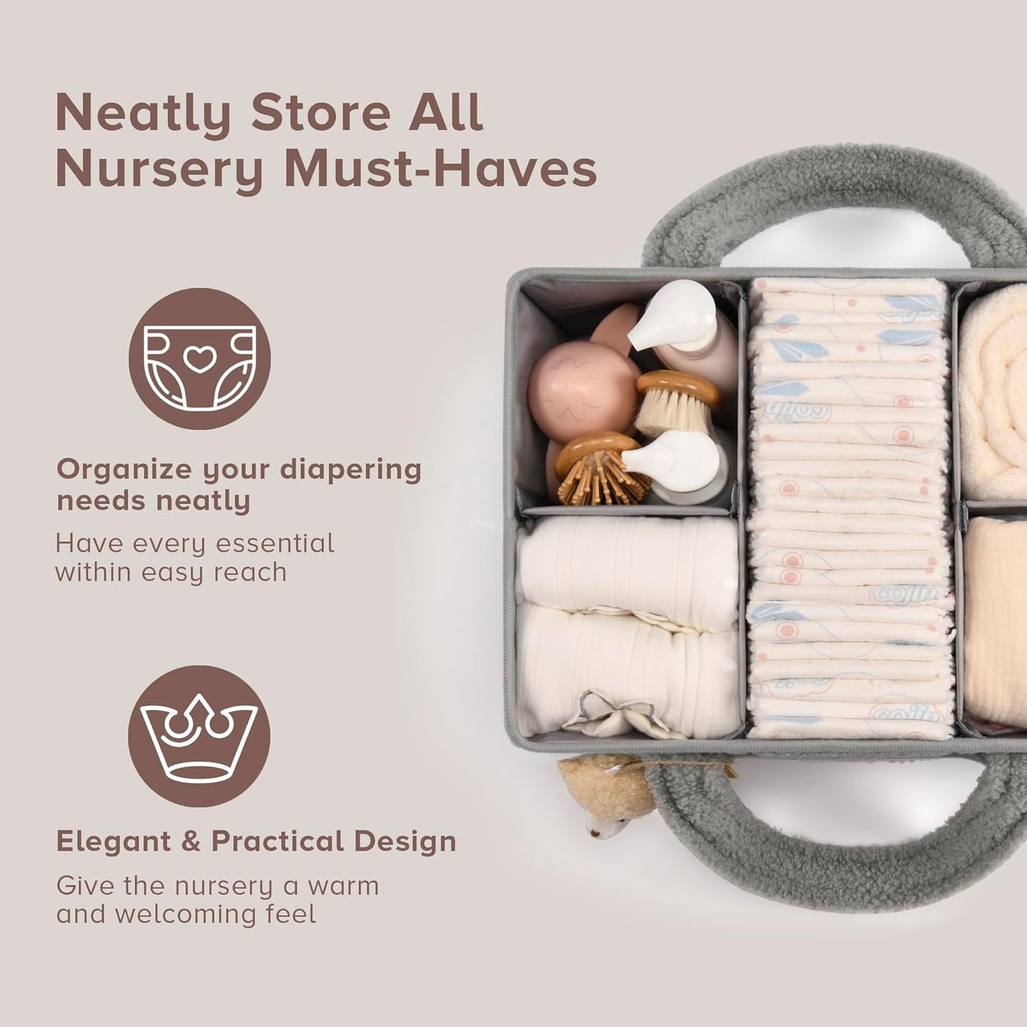 PeraBella Baby Diaper Caddy Organizer, Baby Organizers and Storage for Changing Table, Babies Shower Gift Basket for Boy &Girl, Nursery Essentials Car Caddy Organizer with Handle, White Diaper Basket