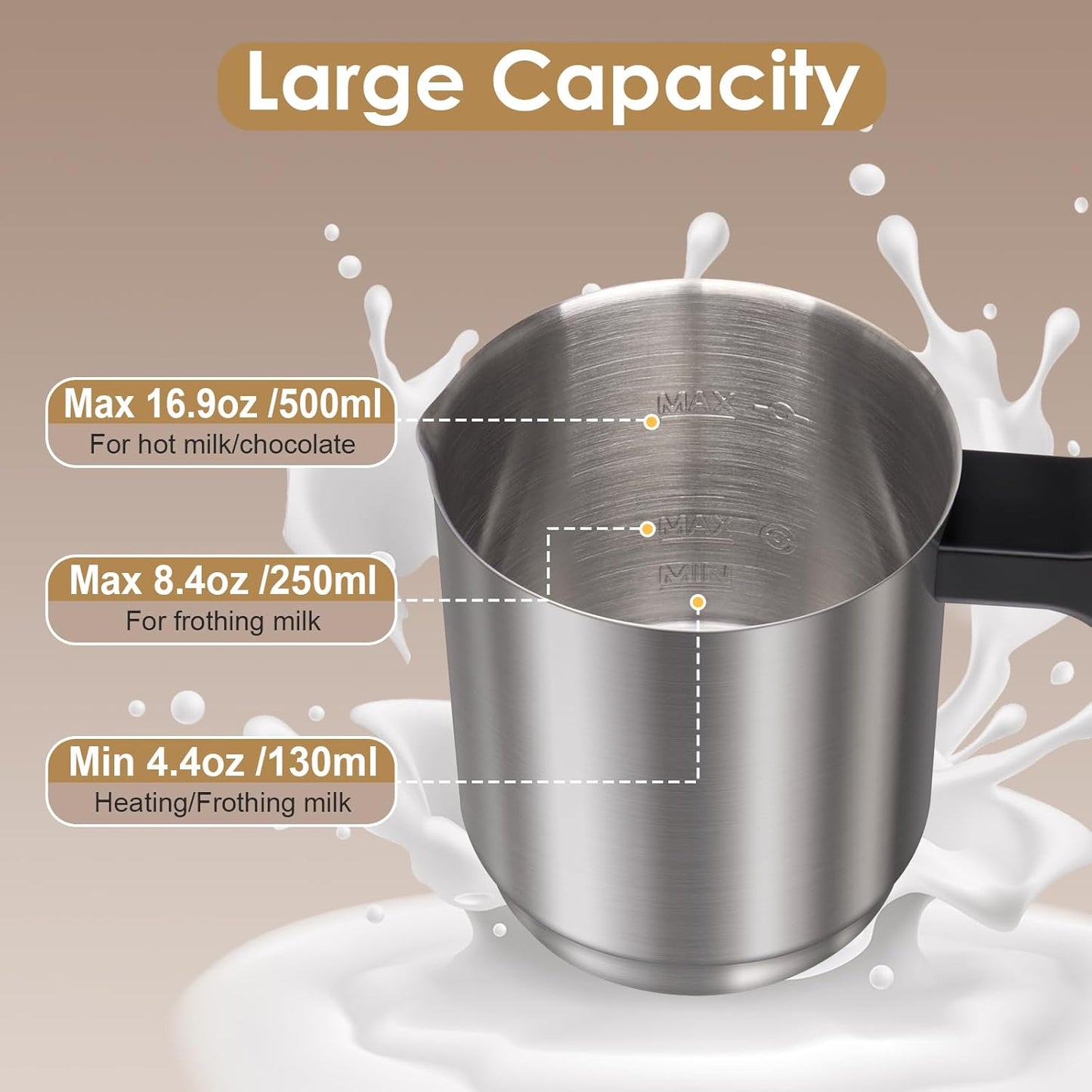 ByNaRIX Detachable Milk Frother, Food Grade Stainless Steel 17oz Electric Milk Steamer, Easy Clean Milk Warmer with Dishwasher Safe, Automatic Hot/Cold Foam Maker, Hot Chocolate Maker, Black