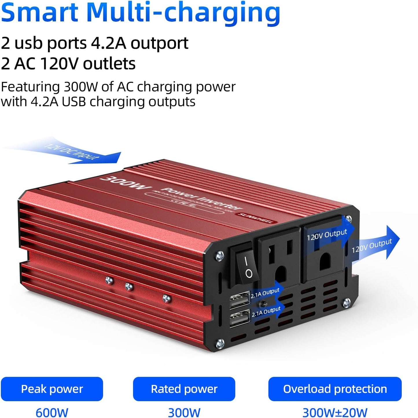 SUNWHEEL 4000W Pure Sine Wave Inverter, 12V DC to 110V/120V AC Power Inverter for RV、Microwave、Off Grid、Truck、Refrigerator、Air Conditioner with 4 AC outlets and LCD Display
