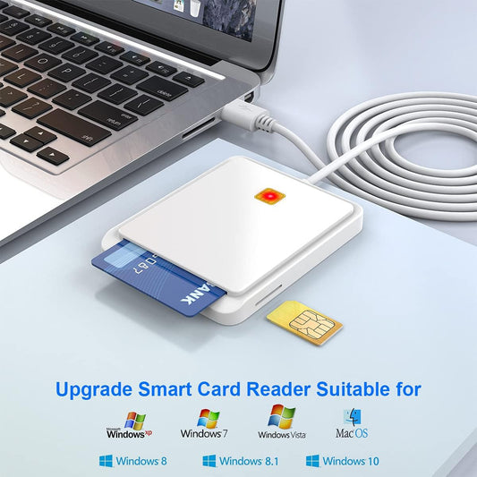 White USB Smart Card Reader, CAC ID Card Reader, SIM Card Compatible, Windows Mac Support