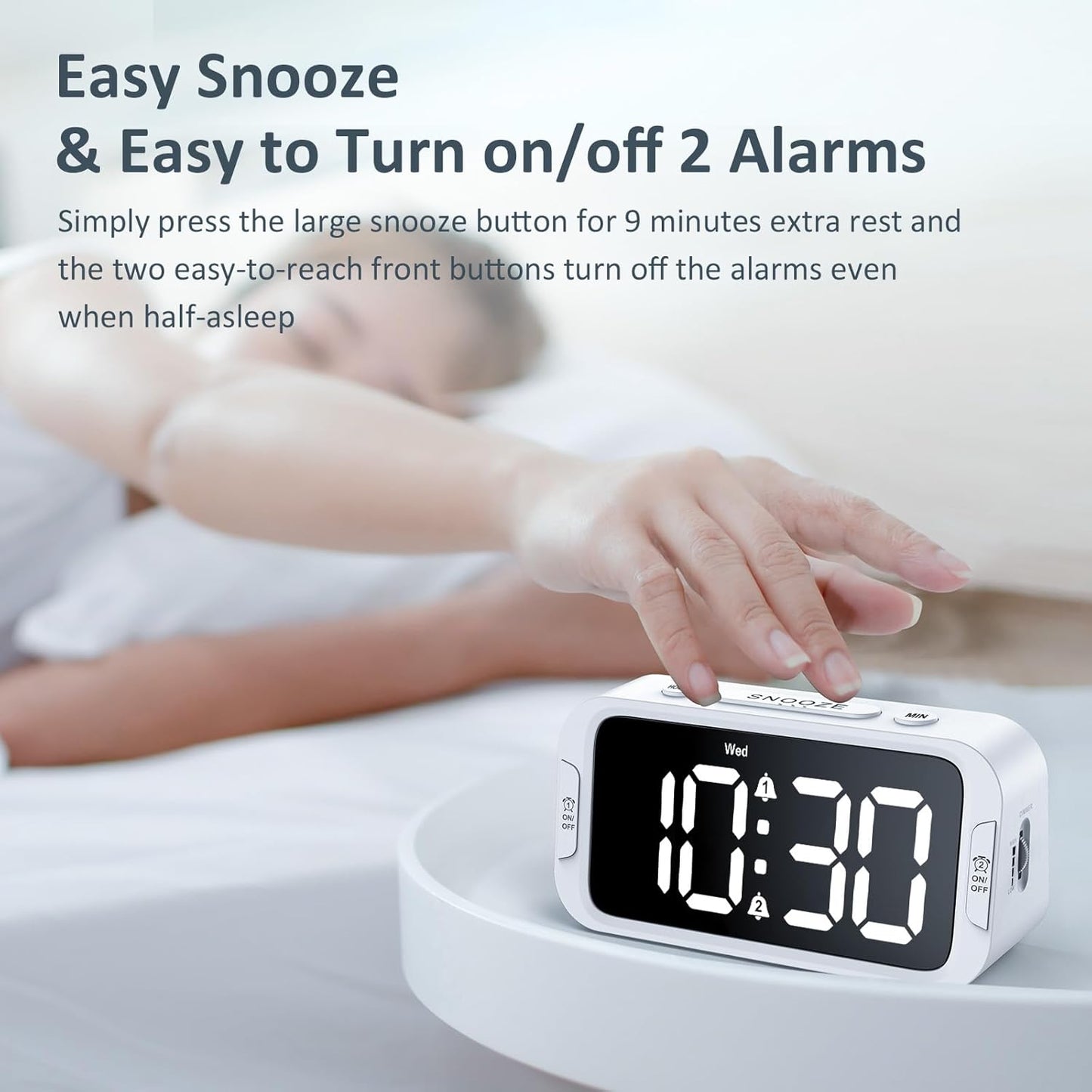 Odokee Digital Dual Alarm Clock for Bedroom, Easy to Set, 0-100% Dimmer, USB Charger, 5 Sounds Adjustable Volume, Weekday/Weekend Mode, Snooze, 12/24Hr, Battery Backup, Compact Clock for Bedside(Blue)