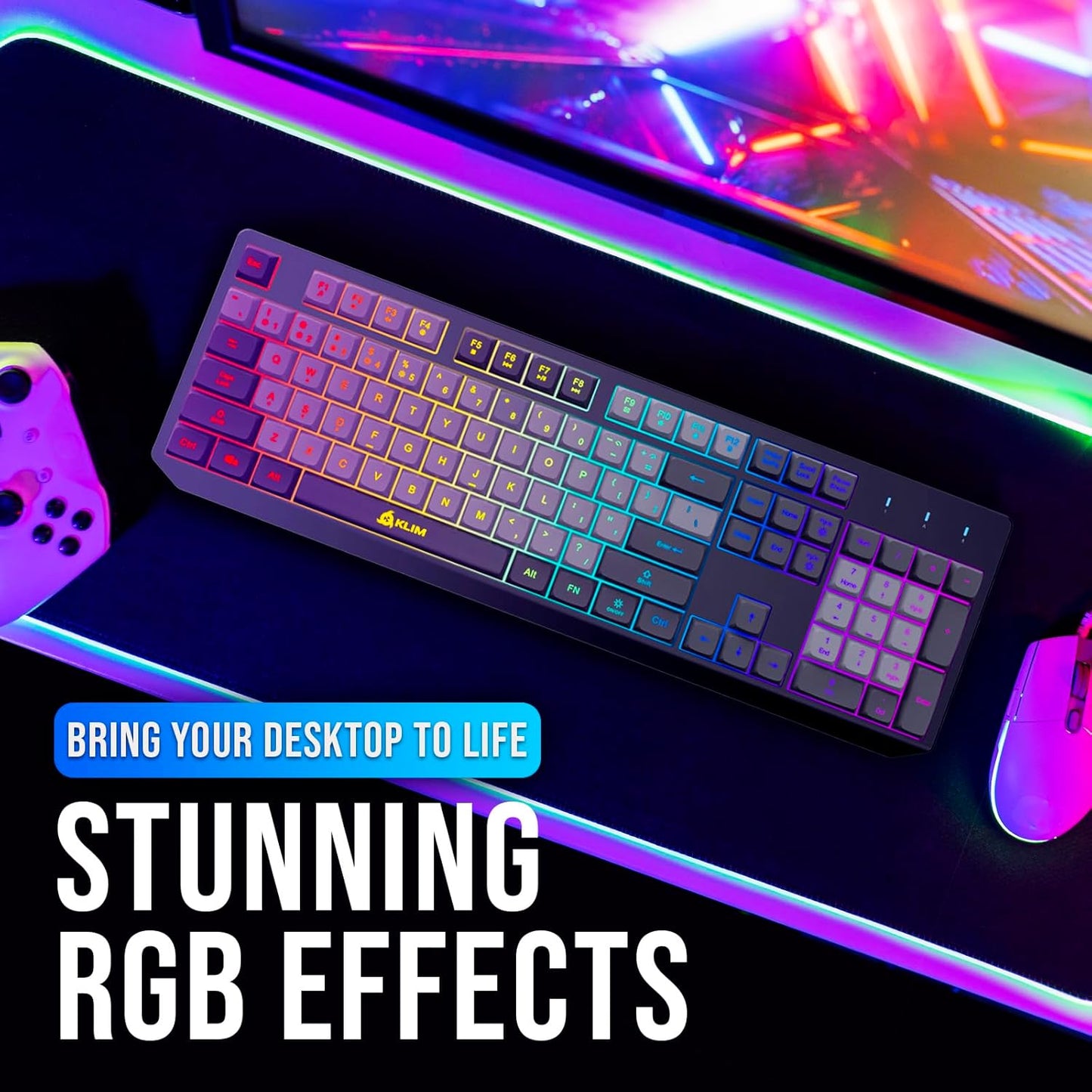 KLIM Chroma Wireless Gaming Keyboard RGB New - Long-Lasting Rechargeable Battery - Quick and Quiet Typing - Water Resistant Backlit Wireless Keyboard for PC PS5 PS4 Mac - Black