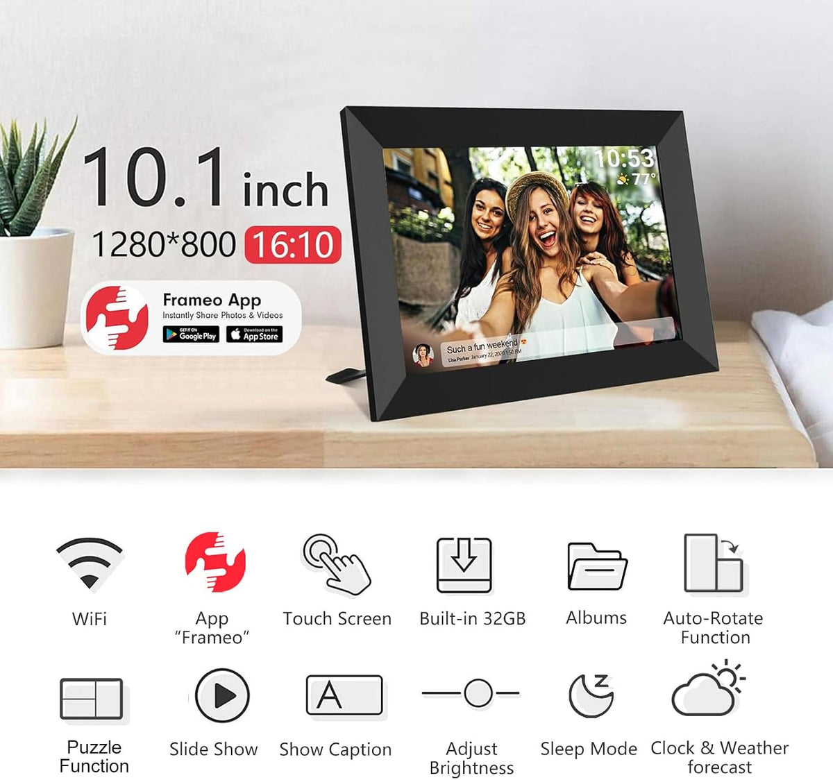 32GB FRAMEO 10.1 Inch Smart WiFi Digital Photo Frame 1280x800 IPS LCD Touch Screen, Auto-Rotate Portrait and Landscape, Built in 32GB Memory, Share Moments Instantly via Frameo App from Anywhere