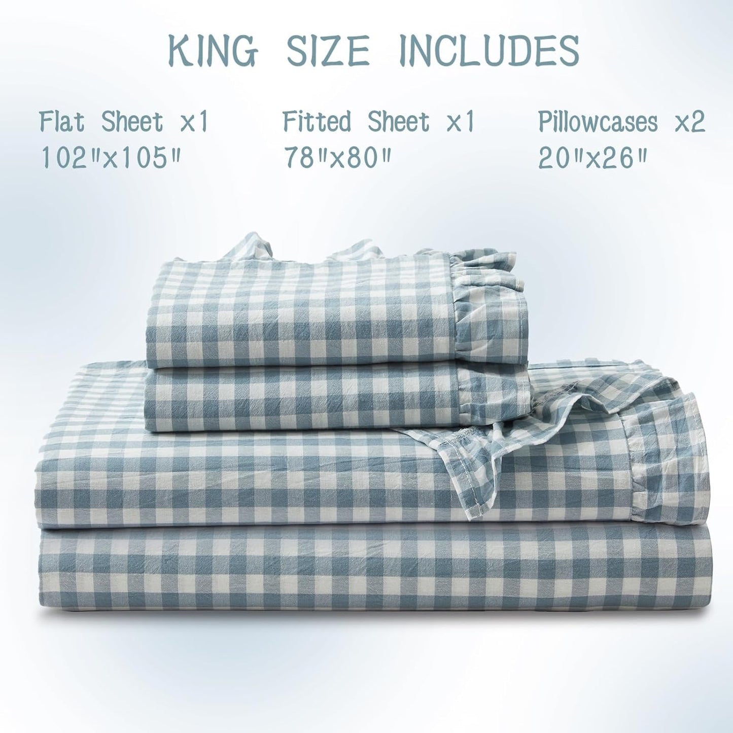 KKJIAF 3 Pieces Plaid Ruffle Twin Bed Sheets, Gingham Twin Sheet Set Comfy Breathable Ruffed Bed Sheet Set with 16 Inch Deep Pocket, Dusty Blue