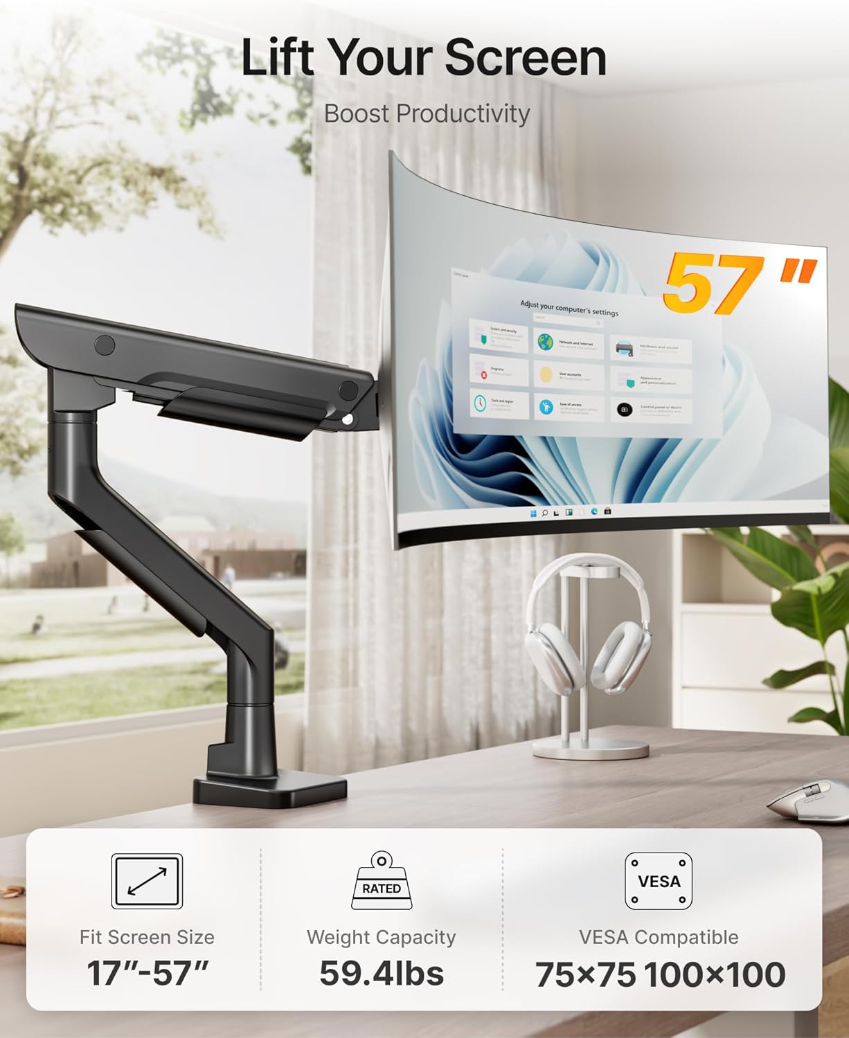 monTEK Premium Aluminum Monitor Arm for 17–57” Ultrawide Screens up to 59 lbs, USB 3.0 Single Desk Mount with Adjustable Gas Spring, Quick-Release Plate, 10-Min Assembly, Clamp/Grommet, VESA 100x100