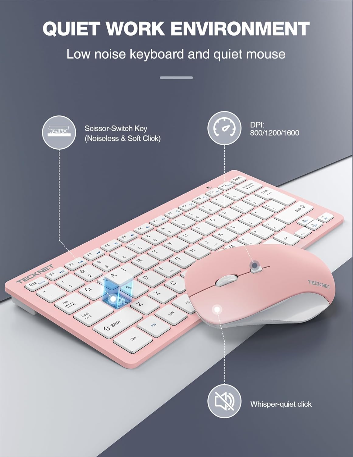 TECKNET Keyboard and Mouse Wireless - Compact 2.4GHz Wireless Keyboard and Mouse Combo with Adjustable DPI, Ultra-Quiet Clicks, Lag-Free Performance for Computer, Laptop, PC, Windows, Mac, Chrome OS