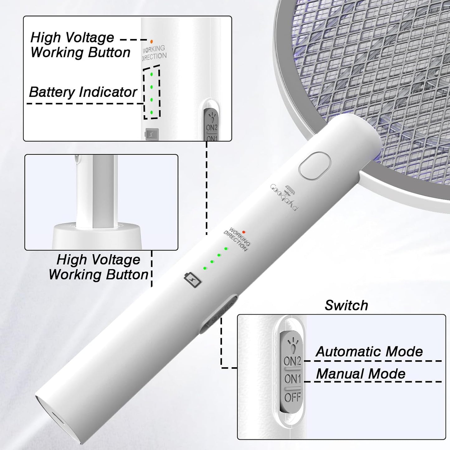 Gooqand Bug Zapper Racket, 2 in 1 Electric Fly Swatte with 3 Layer Safety Mesh, 4000V Fly Zapper with USB Rechargeable, Indoor Outdoor Fly Racket for Bedroom, Kitchen, Camping