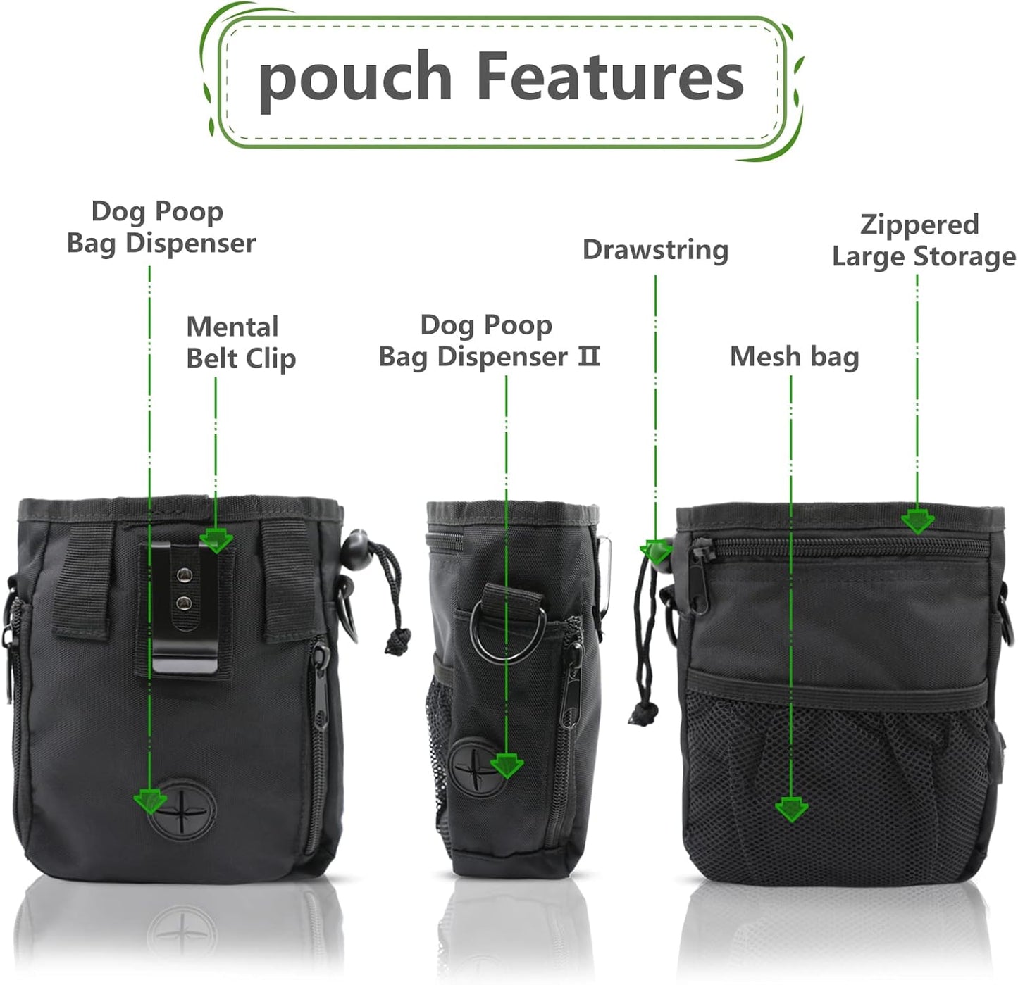 MGKSHADOW Dog Treat Pouch 1pc, Pet Training Clicker 2 pcs, Pet Treat Pouch, Built-in Poop Bag Dispenser (Black)