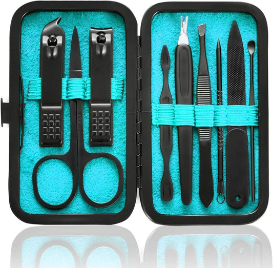 Manicure Set 9 in 1 Stainless Steel, Nail Clippers Scissors Pedicure Tools Kit - Portable Travel Grooming Kit for Men and Women with Black/Red Leather Case (Blue)