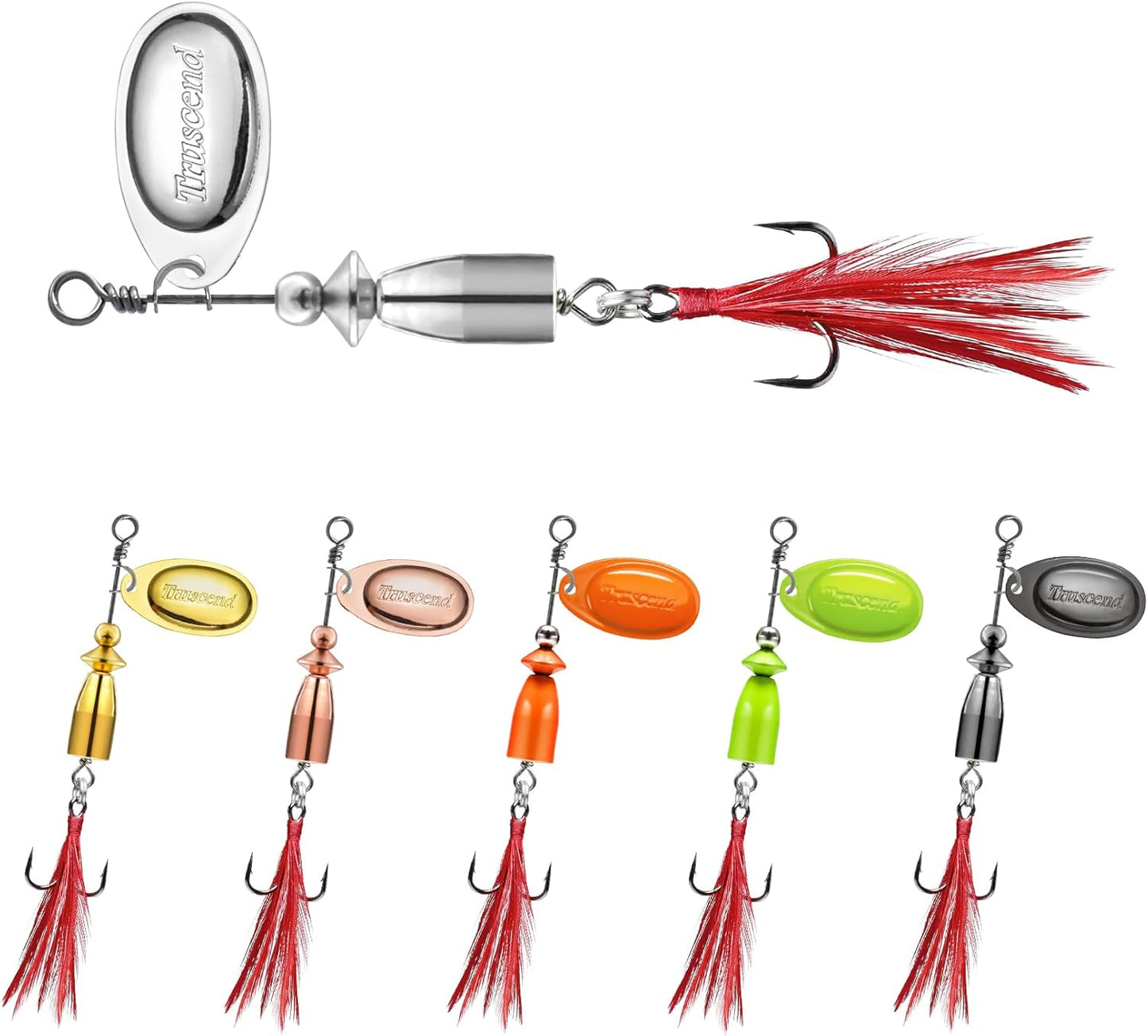 TRUSCEND Fishing Spinners with Unique Double Spoons, Nano-Plated Rooster Tail Fishing Lures with Copper Body & Blade, Great Action Blade Bait for Bass Trout Walleye, Freshwater Ice Fishing Jigs