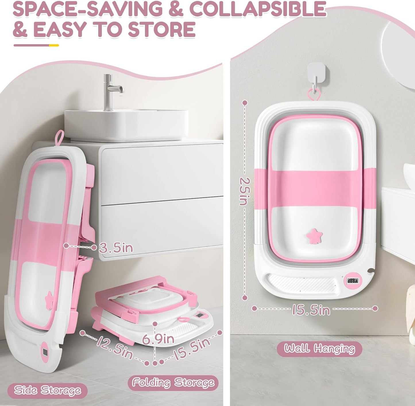 Collapsible Baby Bathtub,Baby Bath Tub with Thermometer & Soft Cushion,Baby Bathtub for Newborn to Toddler 0-36 Months,Portable Travel Baby Tub with No-Slip Feet,Baby Shower Gifts,Pink