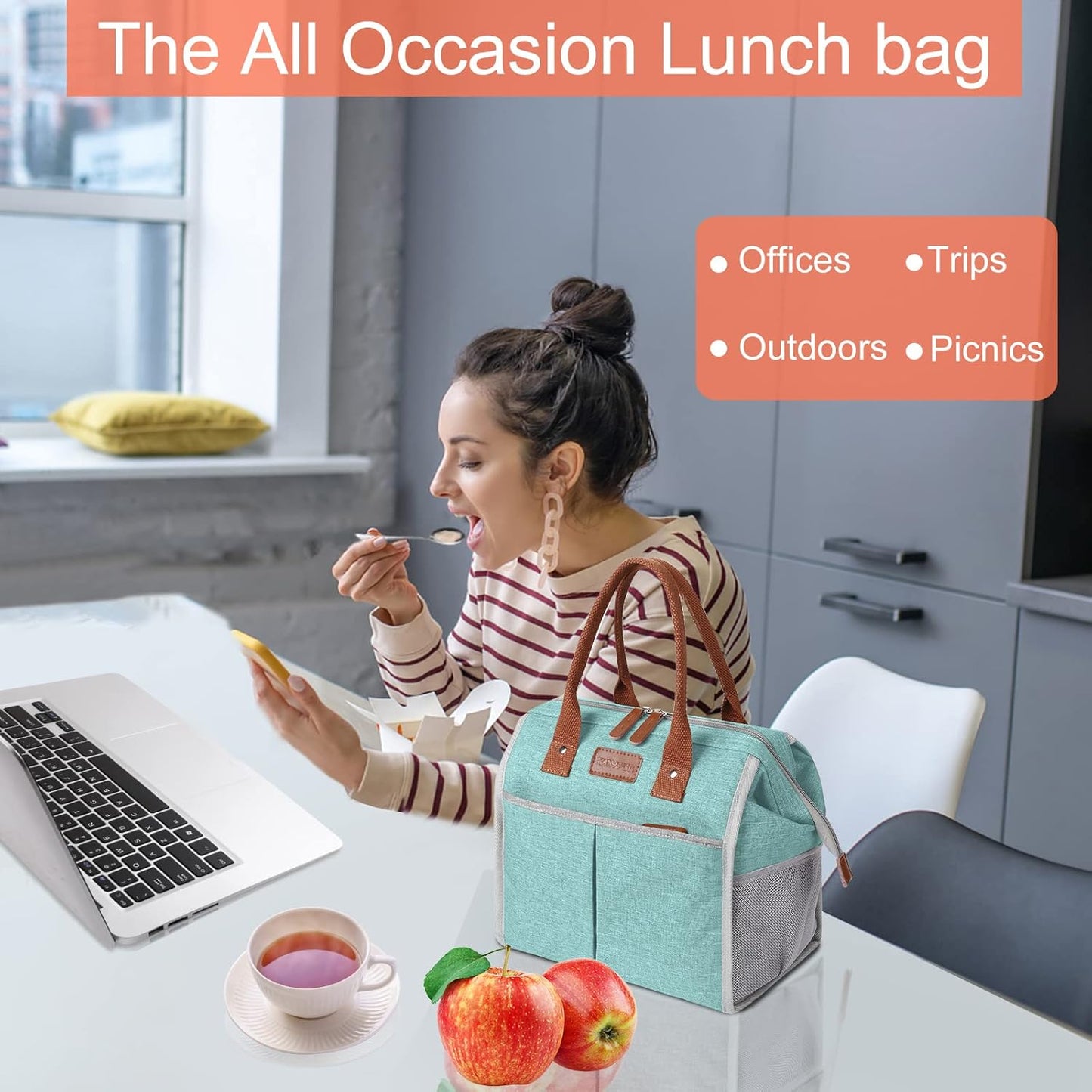 Lunch Bag for Women & Men, Insulated Lunch Box Cooler Tote Bags, Adult Reusable Lunch Boxes with Water Resistant for Work, Travel and Picnic (Grey)