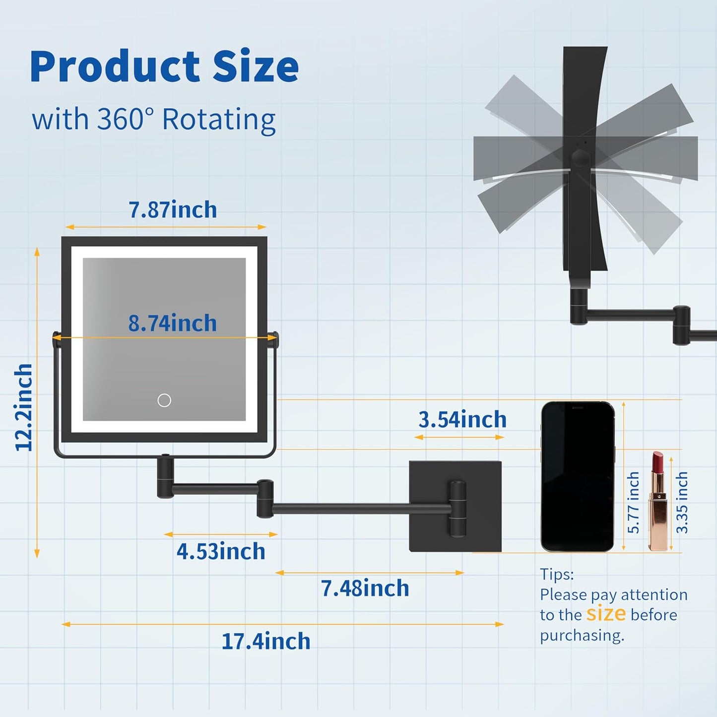 Ruacq Wall Mounted Makeup Mirror, Double Sided 1X/10X Magnifying Vanity Mirror, 360° Rotation Extension Foldable Arm(Matte Black)