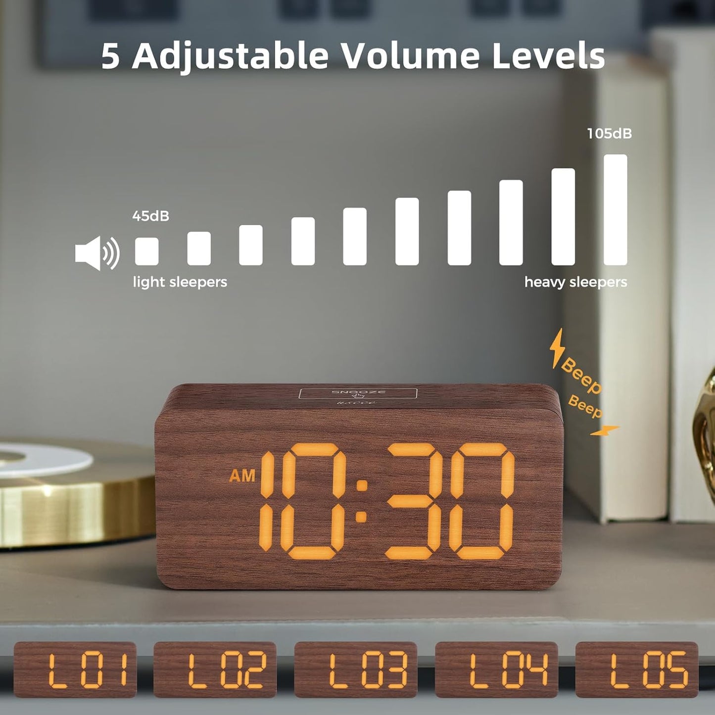 Purilite Select Wooden Digital Alarm Clock with Large LED Display