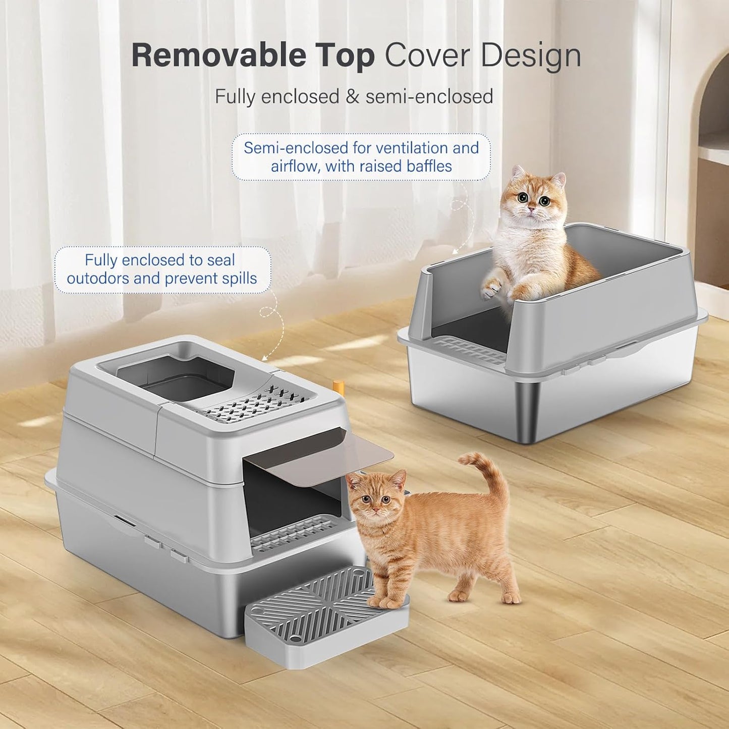 Stainless Steel Litter Box with Lid, XL Extra Large Enclosed Cat Litter Box for Big Cats 110° Flip Cover, Top Entry Metal High Sided Litter Box & Pedal & Scoop, Anti-Leakage (Grey)