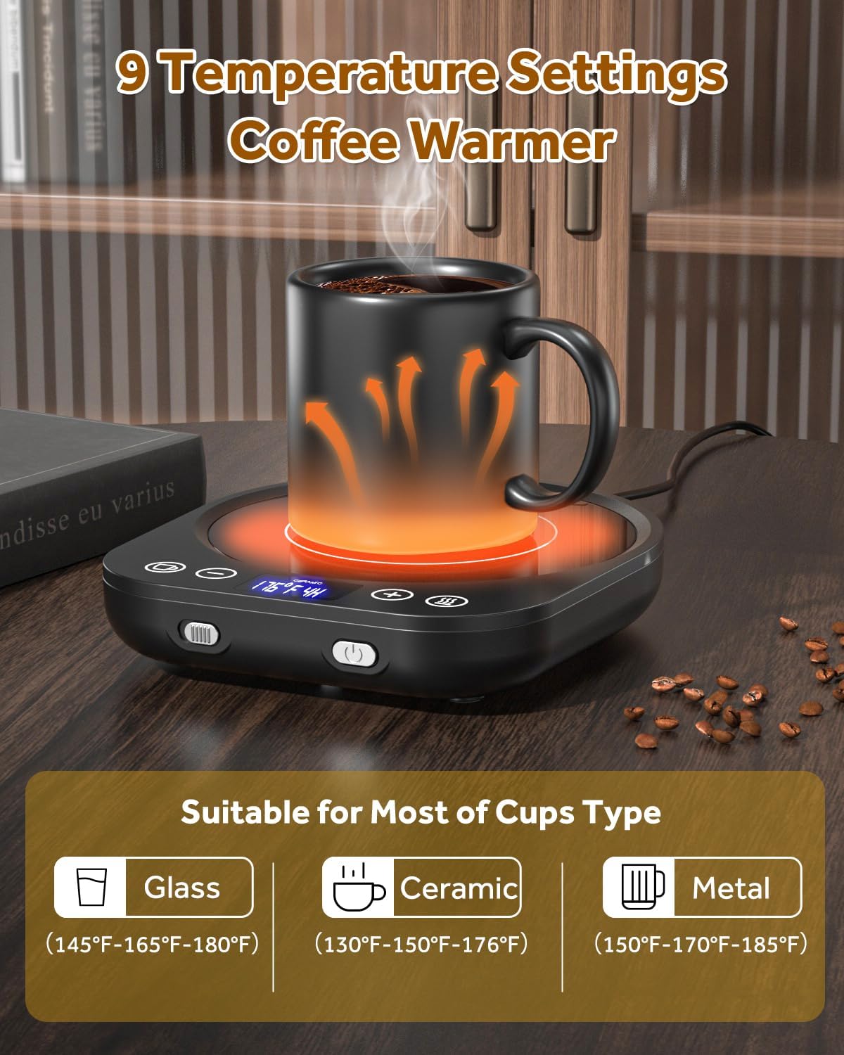 Mug Warmer Coffee Cup Warmer for Desk, New Upgrade Gravity-Induction Beverage Warme with 9 Temperature Settings and 1-9H Timer Smart Candle Cup Warmer for Home & Office (Black