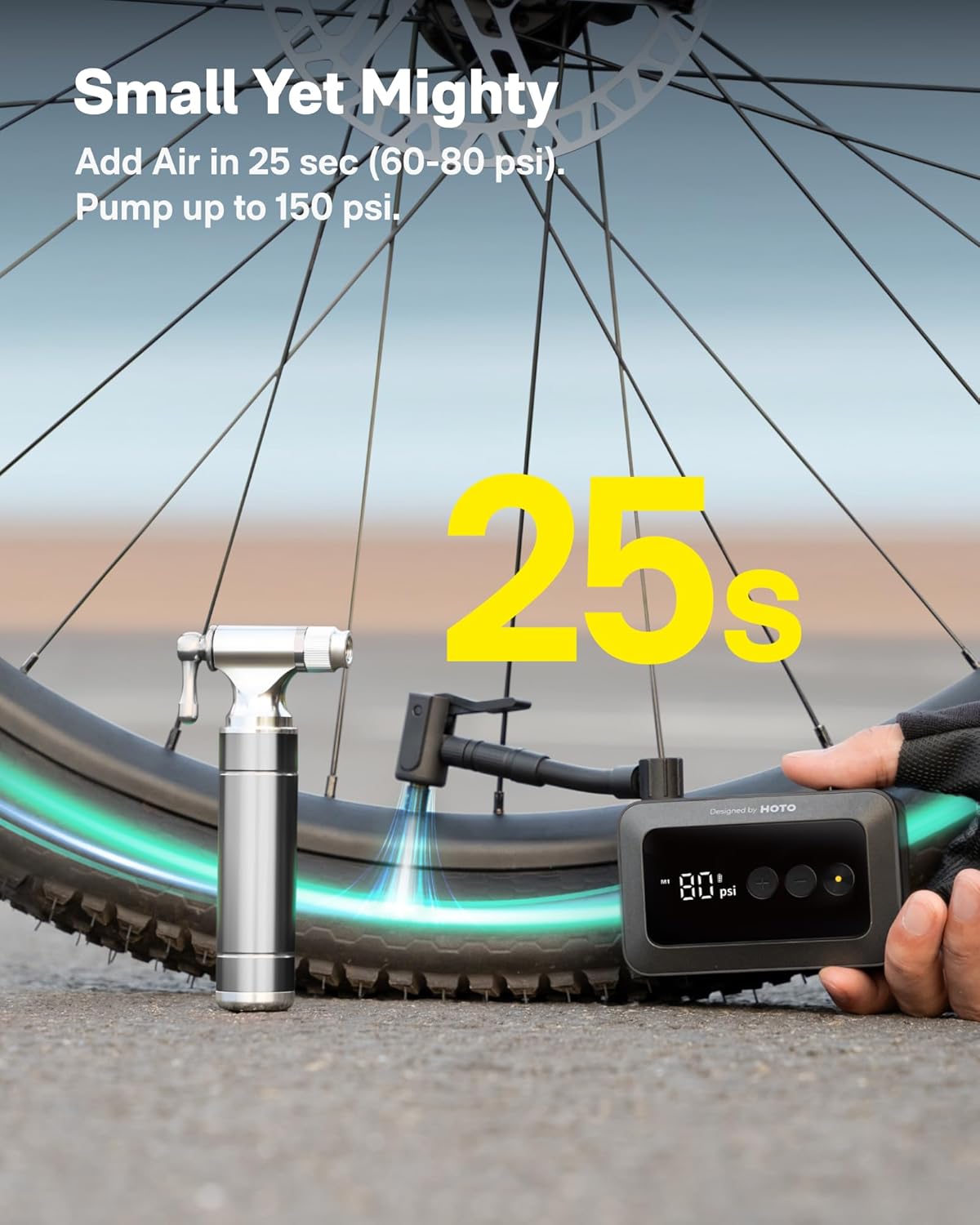 HOTO Air Pump Pocket, Mini Bike Tire Pump, 25s Fast Inflate Bike Pump Electric with Guage, 150PSI Portable Electric Bicycle Air Pump with Presta and Schrader Valve for Road Bike, Motorcycle, E-Bike