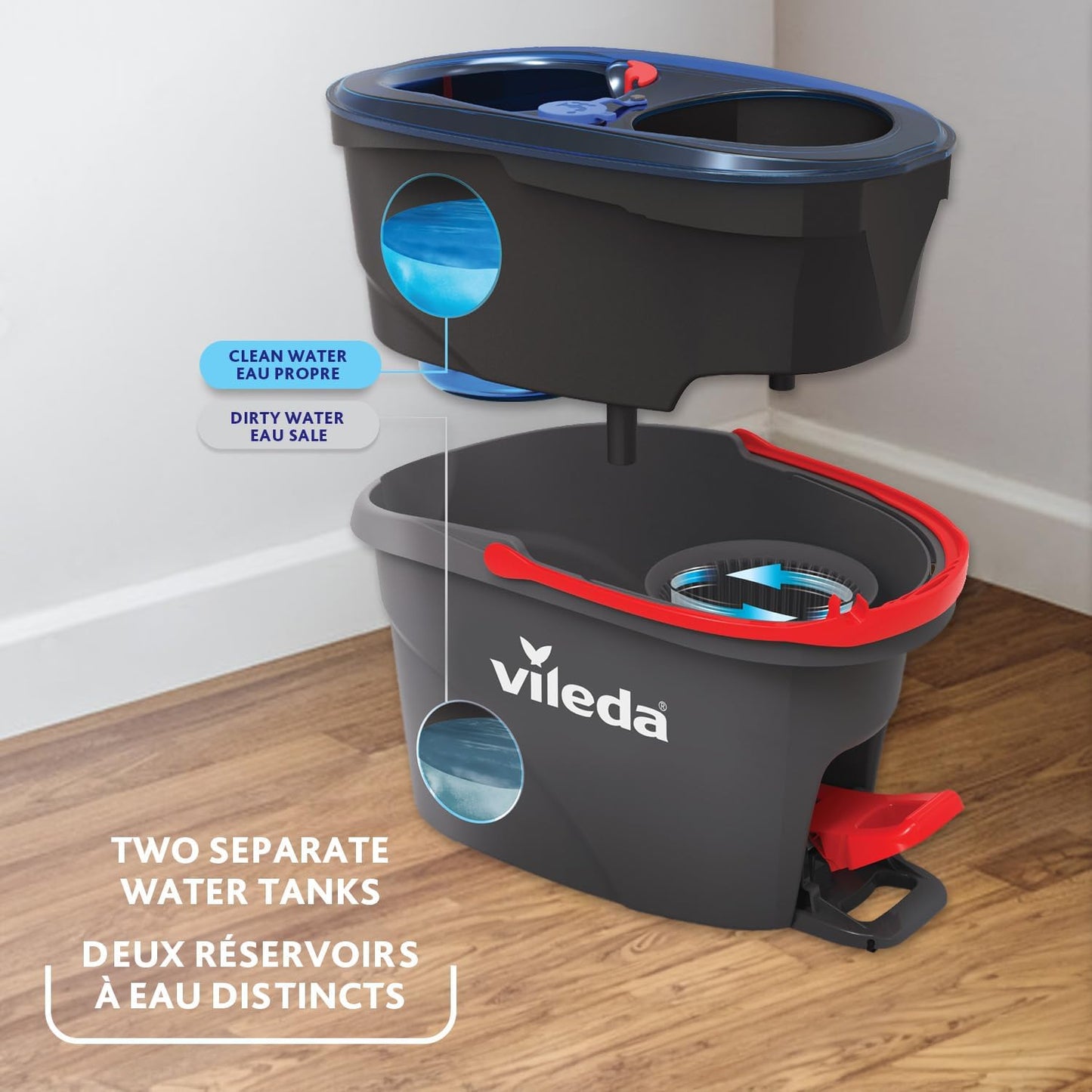 Vileda RinseClean Spin Mop & Bucket System | 2-Tanks Separate Clean and Dirty Water | Machine Washable and Reusable Microfibre Mop Head Replacement | Hands-Free Wringing Bucket