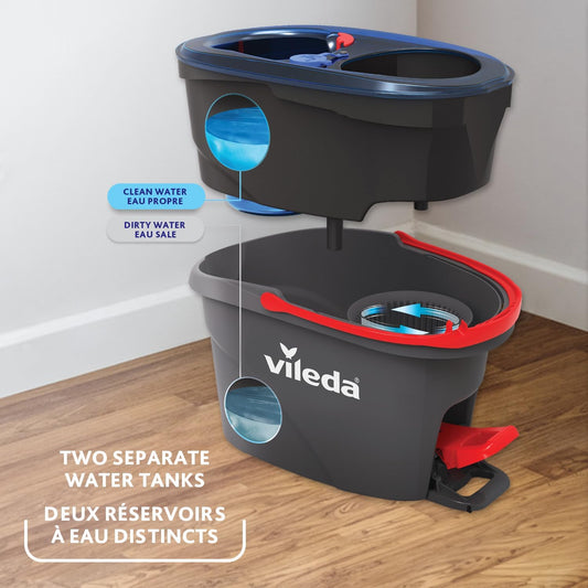 Vileda RinseClean Spin Mop & Bucket System | 2-Tanks Separate Clean and Dirty Water | Machine Washable and Reusable Microfibre Mop Head Replacement | Hands-Free Wringing Bucket - PuriLite