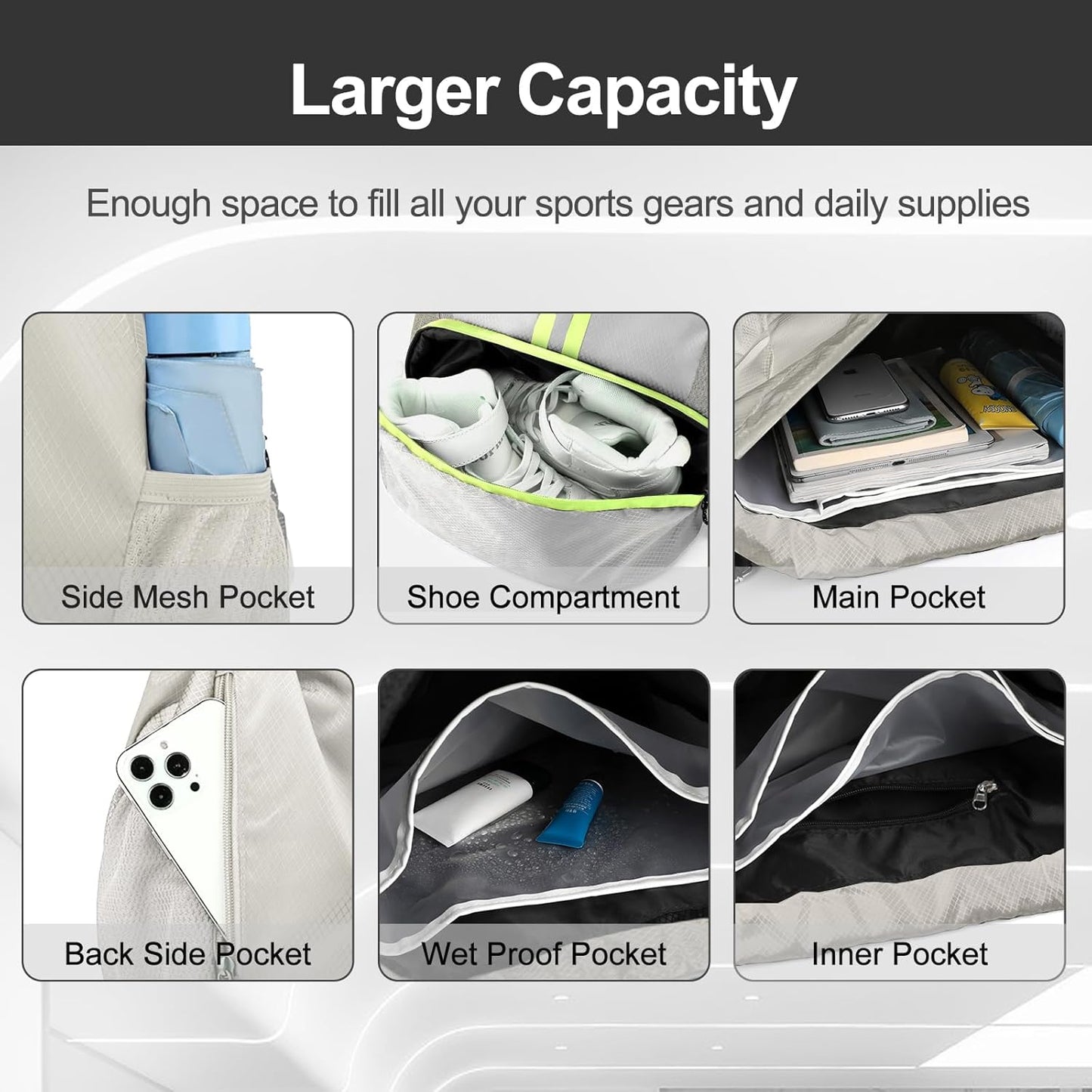 Hoedia Sports Drawstring Backpack - String Swim Gym Bag with Shoes Compartment and Wet Proof Pocket for Women/Men