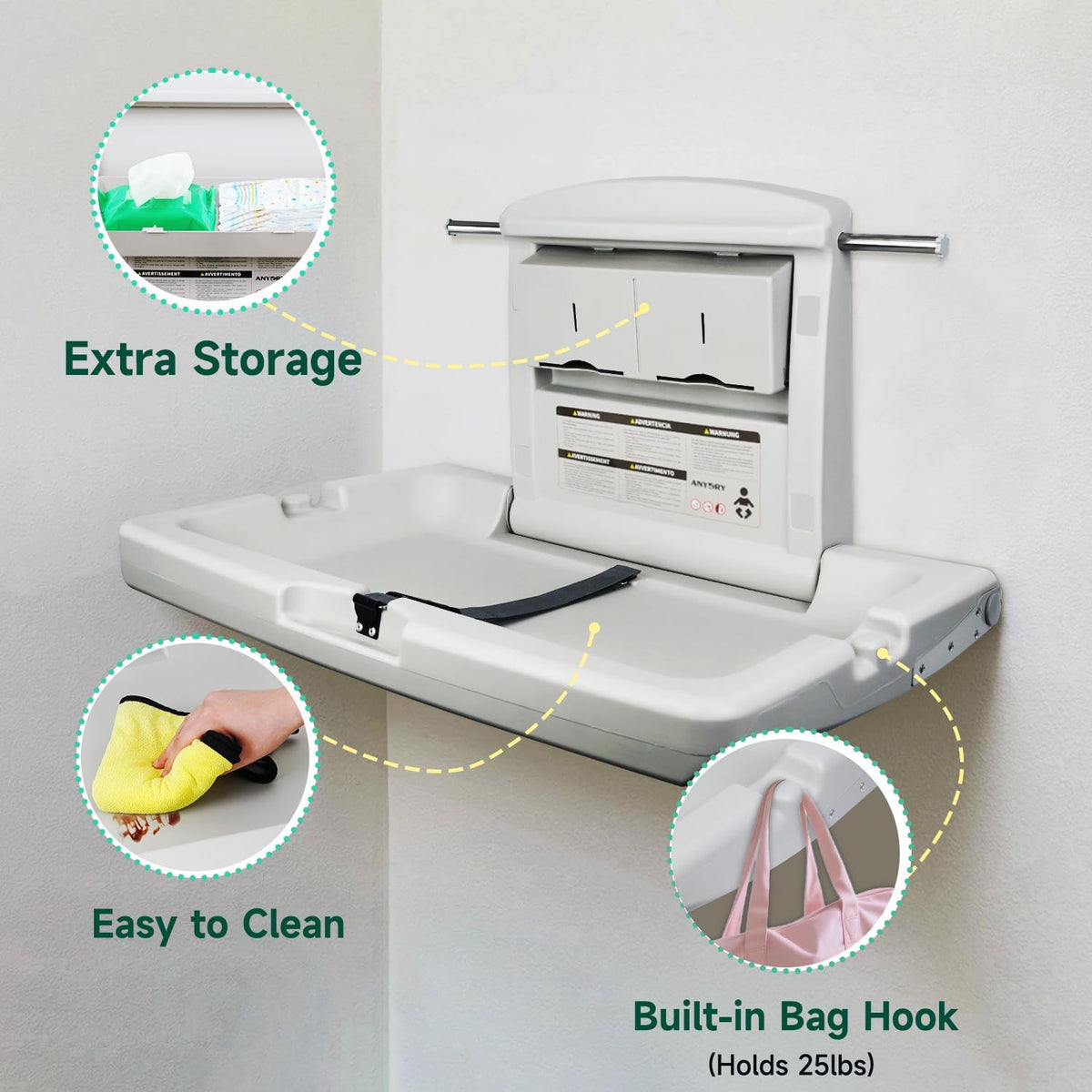 anydry Baby Changing Station Wall-Mounted, Foldable Diaper Changing Table Heavy-Duty Design with Safety Straps for Commercial Bathroom, in Elegant Grayish White