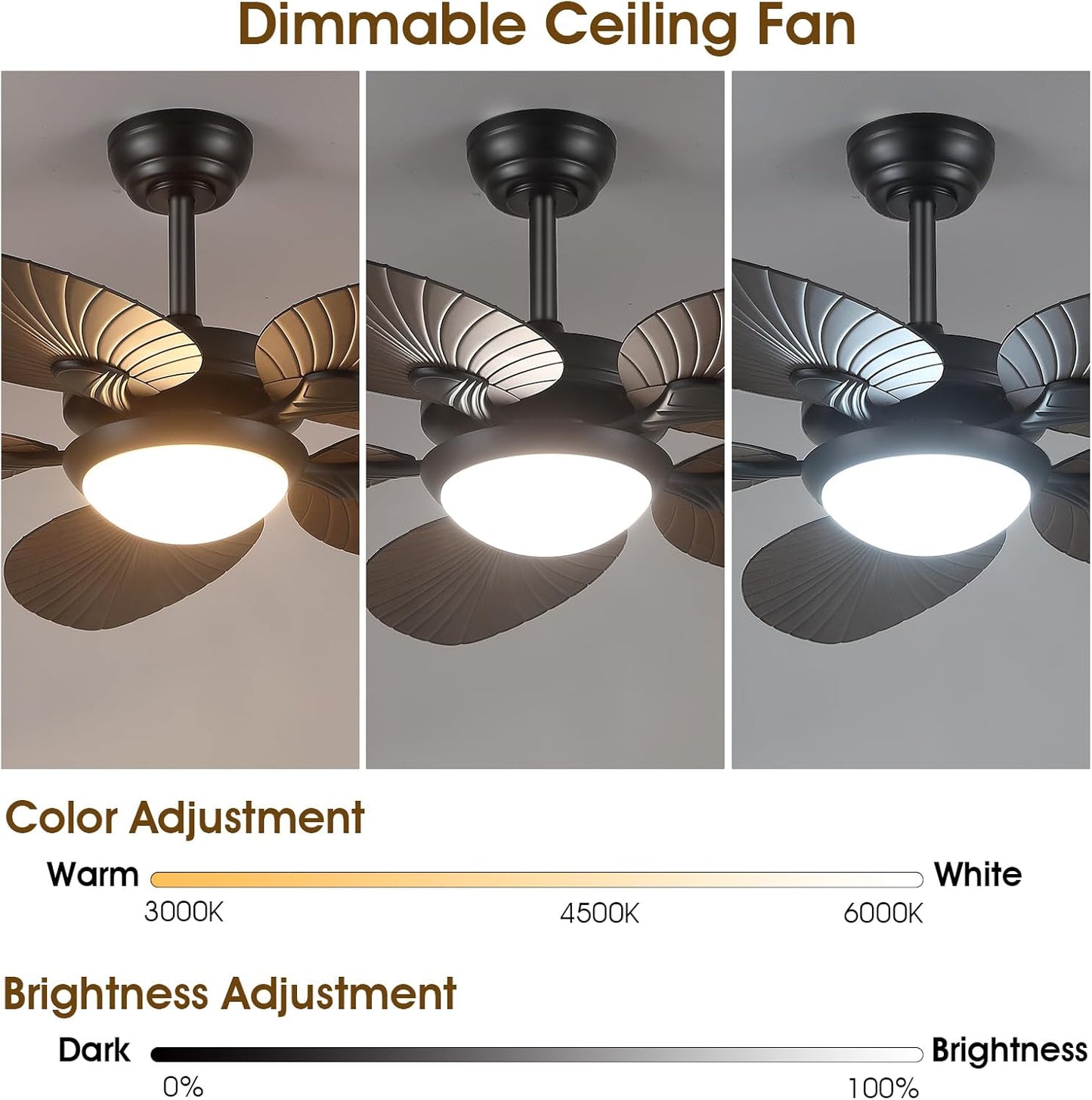Wiviniya Ceiling Fans with Lights and Remote/APP Control, 44 Inch Tropical Palm Leaf Ceiling Fan with LED Lights, Outdoor Ceiling Fans for Patios Porch, Reversible Quiet Motor, Dimmable, Light Brown