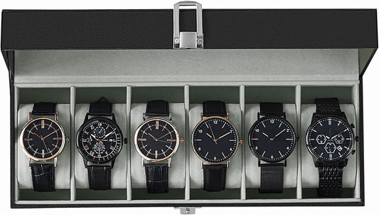 SONGMICS Watch Box, 6-Slot Watch Case, Watch Box Organizer, Black Synthetic Leather, Greenish Gray Lining UJWB06BK - PuriLite