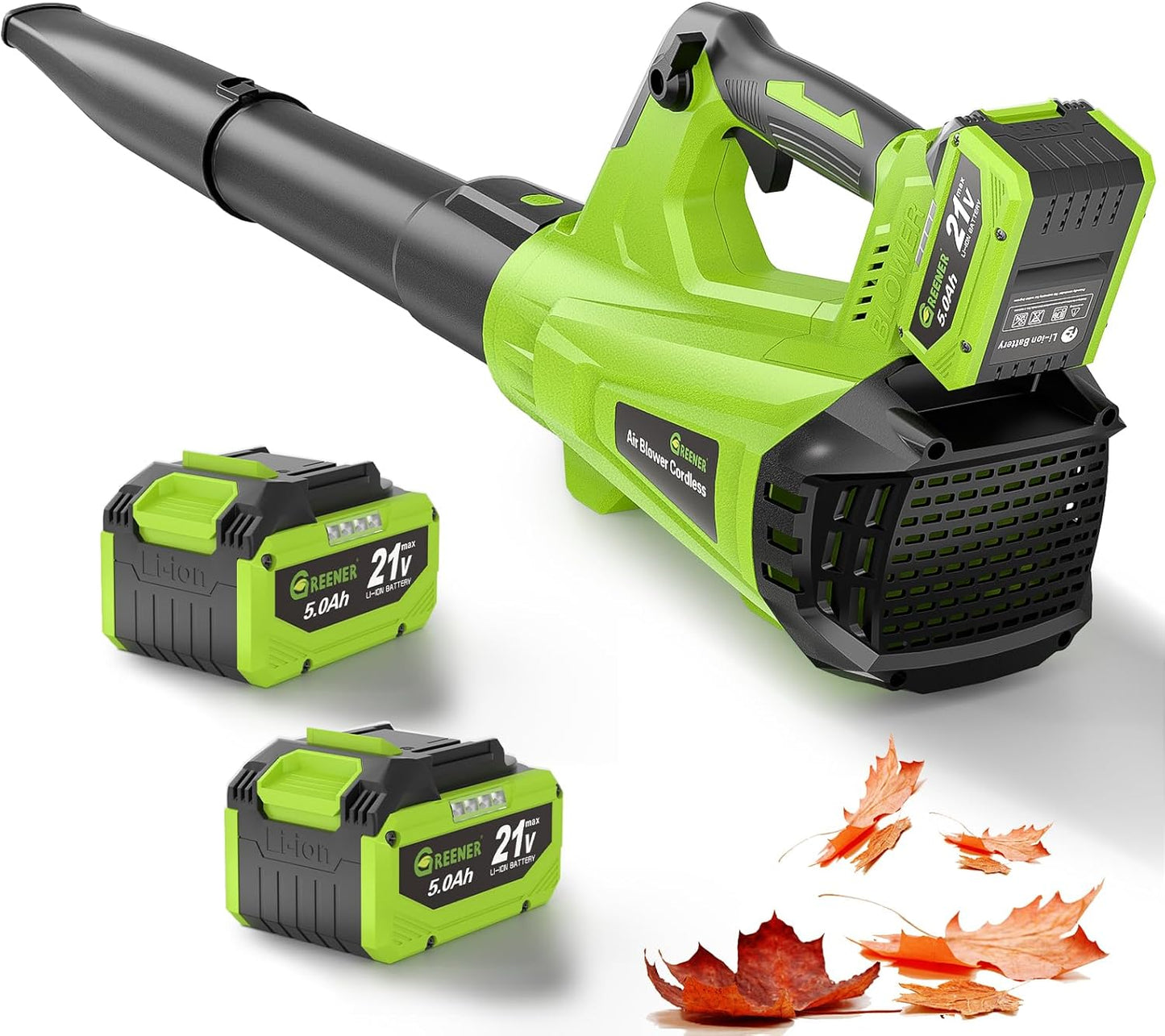 GREENER 21V Leaf Blower Cordless - 460CFM/145MPH Turbo Mode Electric Leaf Blower with 2 X 4.0Ah Battery and Fast Charger Included, Blowing Leaves and Dust, Patio Cleaning