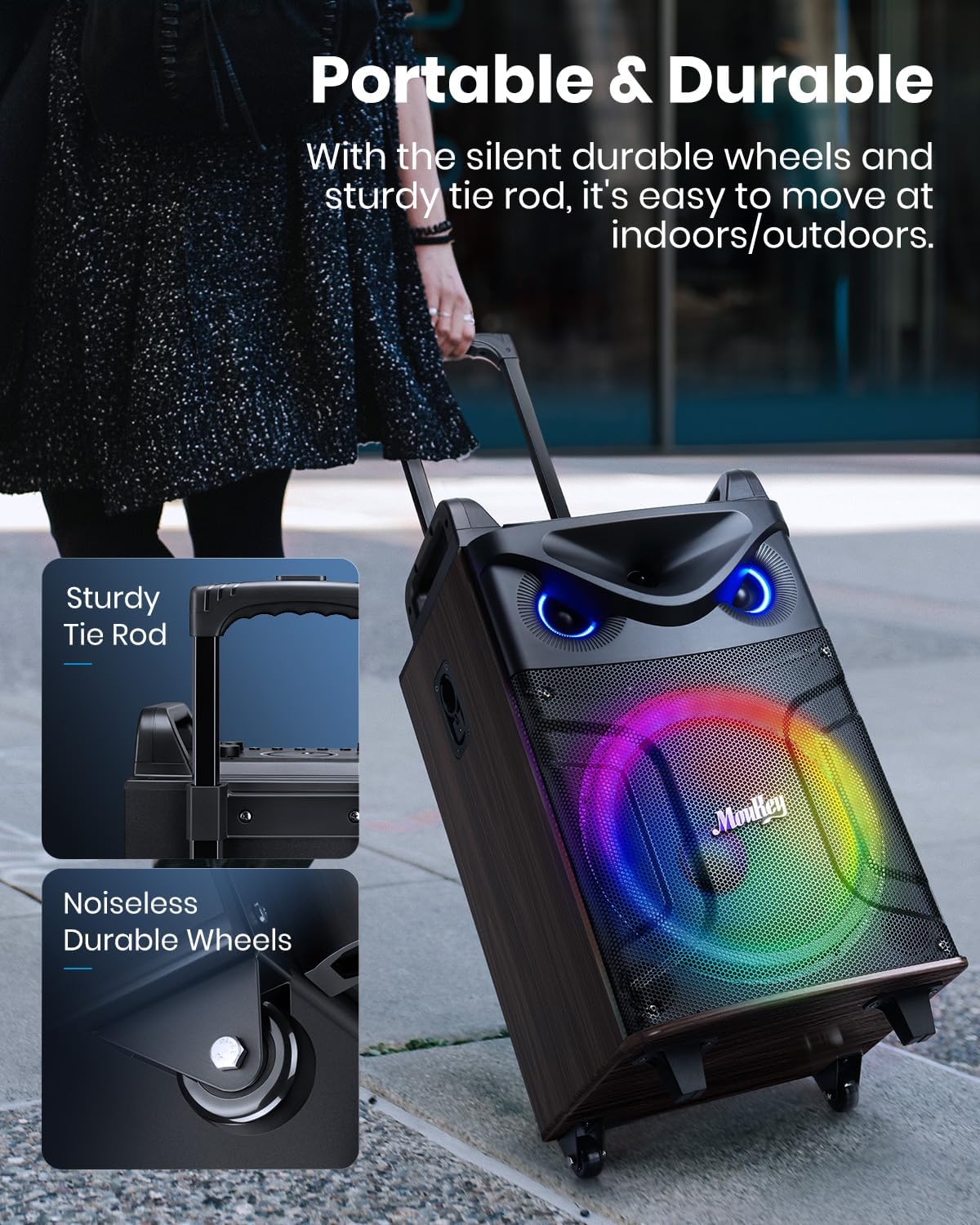 Moukey Karaoke Machine, 10" Woofer Portable PA System, Bluetooth Speaker with 2 Wireless Microphones, Lyrics Display Tablet Holder, Party Lights & Echo/Treble/Bass Adjustment Support REC/AUX/USB/TF