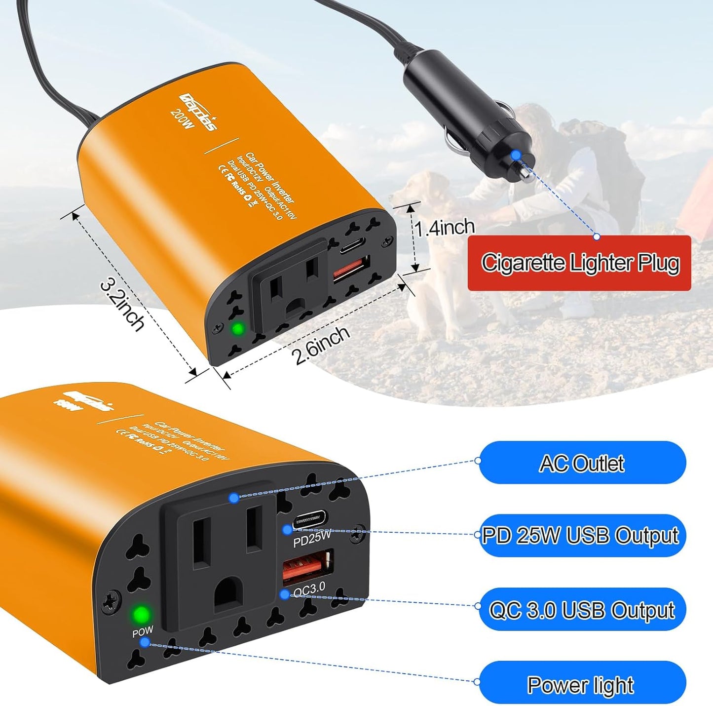 200W Car Power Inverter DC 12V to 110V AC Car Outlet Adapter Converter with PD 25W &QC3.0 USB Ports Laptop Car Charger