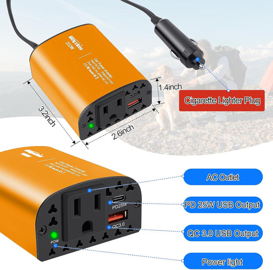 200W Car Power Inverter DC 12V to 110V AC Car Outlet Adapter Converter with PD 25W &QC3.0 USB Ports Laptop Car Charger - PuriLite