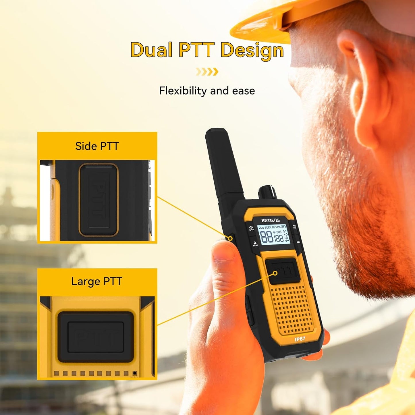 Retevis RB48 Walkie Talkies for Adults, Heavy Duty 2 Way Radios Long Range with Six-Way Charger, IP67 Waterproof, Shock Resistant, Dual PTT, 2000mAh Battery Two Way Radio,Jobsite Construction(6 Pack)