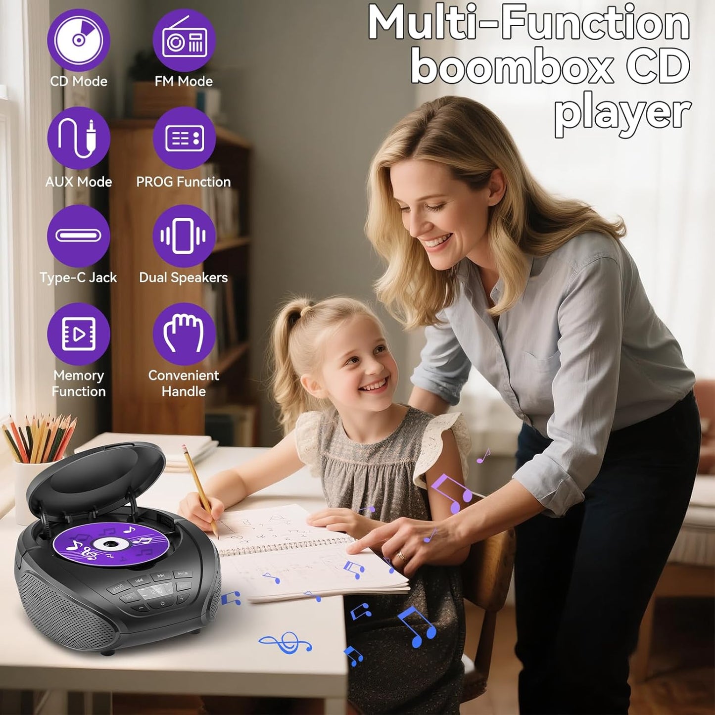 Gueray CD Player Portable Boombox: Home Audio CD Players with Speakers FM Radio AUX Input Support Headphones Playlist Mode PROG Playback for Outdoor Indoor Audiobooks