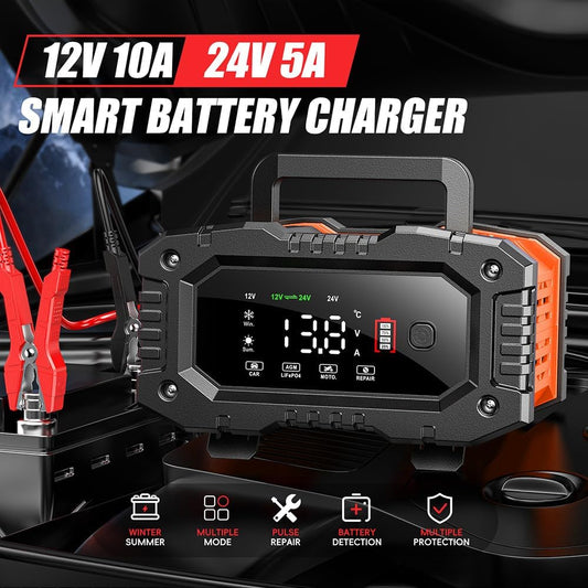 IRICO Multi-Stage Smart Battery Charger for Lithium-ion, LifePo4, AGM, Gel, SLA, Wet, EFB, Deep Cycle Batteries, with Repair Feature. Charge at 12V, 10A or 24V, 5A (12V 10A)