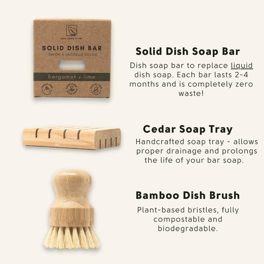 Zero Waste Dish Washing Bundle Kit | Eco-Friendly Solid Dish Soap Bar, Cedar Tray, Bamboo Pot Brush | Organic, Vegan, Non-Toxic Dish Soap | 3pc. Set