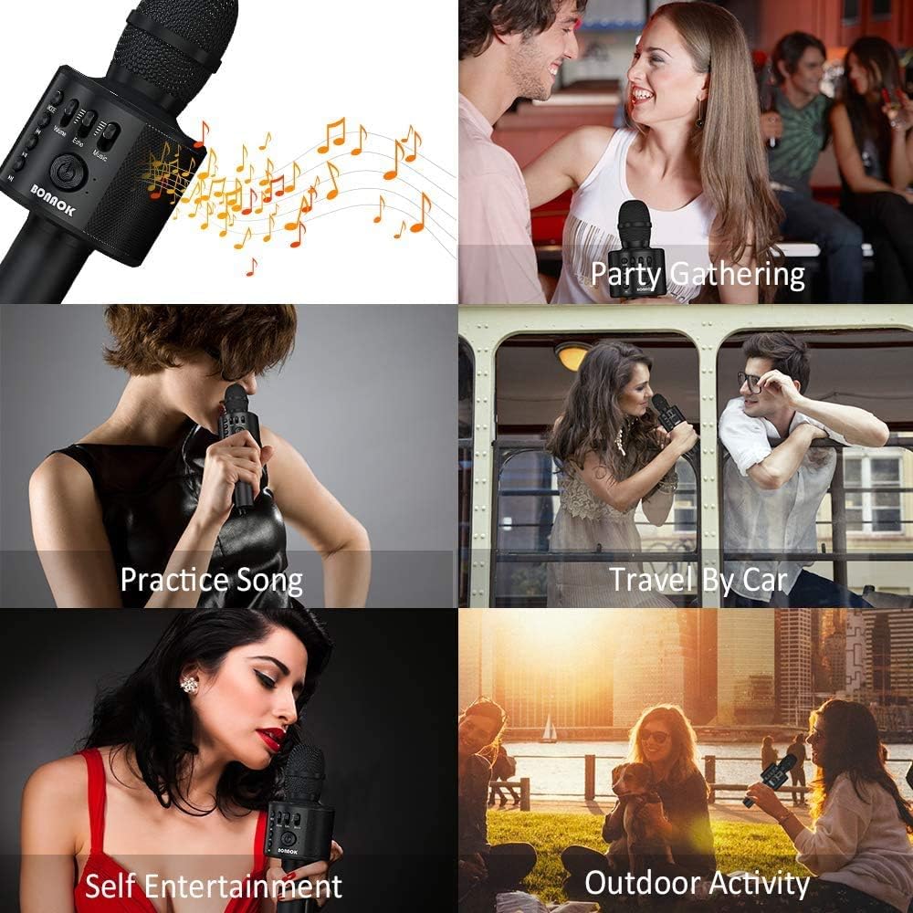 BONAOK Wireless Bluetooth Karaoke Microphone,3-in-1 Portable Instrument Wireless Microphone Mic Speaker Machine Home Party Birthday for All Smartphones(Black)