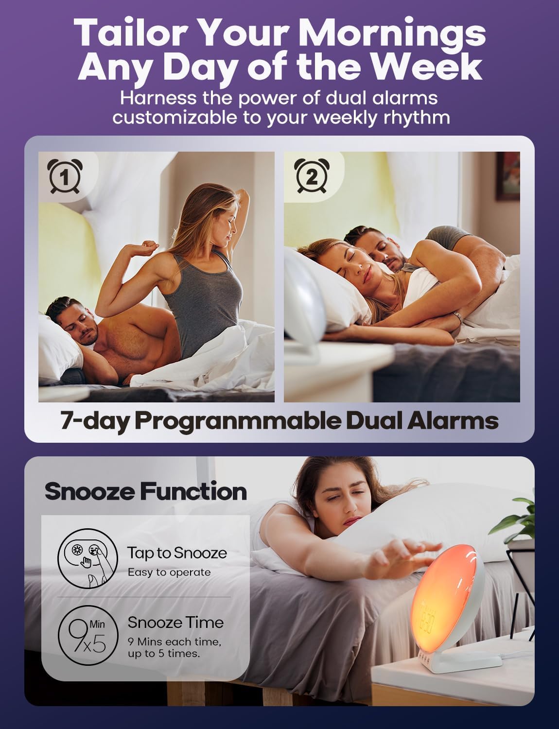 Sunrise Alarm Clock for Heavy Sleepers, Wake Up Light with Sunrise/Sunset Simulation, Dual Alarms & Natural Sounds, Snooze & Sleep Aid, FM Radio, 7 Colors Night Light for Bedroom, Ideal for Gift
