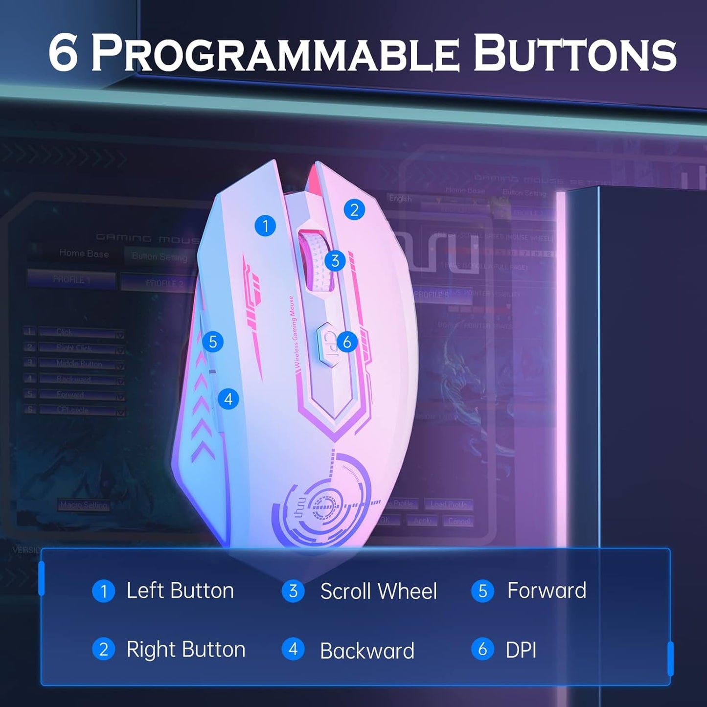 Wireless Gaming Mouse Up to 10000 DPI, UHURU Rechargeable USB Wireless Mouse with 6 Buttons 7 Changeable LED Color Ergonomic Programmable MMO RPG for PC Laptop, Compatible with Windows Mac