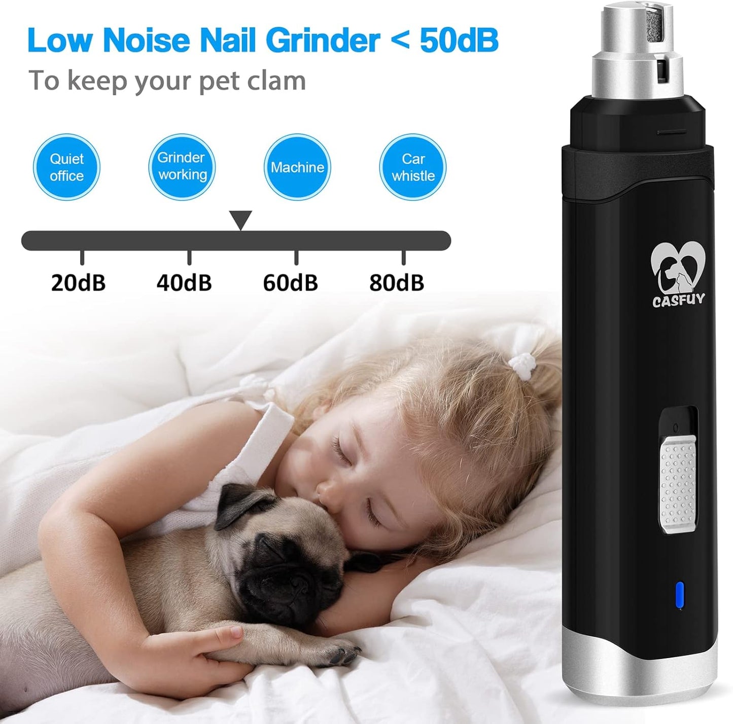 Casfuy Dog Nail Grinder Upgraded - Professional 2-Speed Electric Rechargeable Pet Nail Trimmer Painless Paws Grooming & Smoothing for Small Medium Large Dogs & Cats (White)