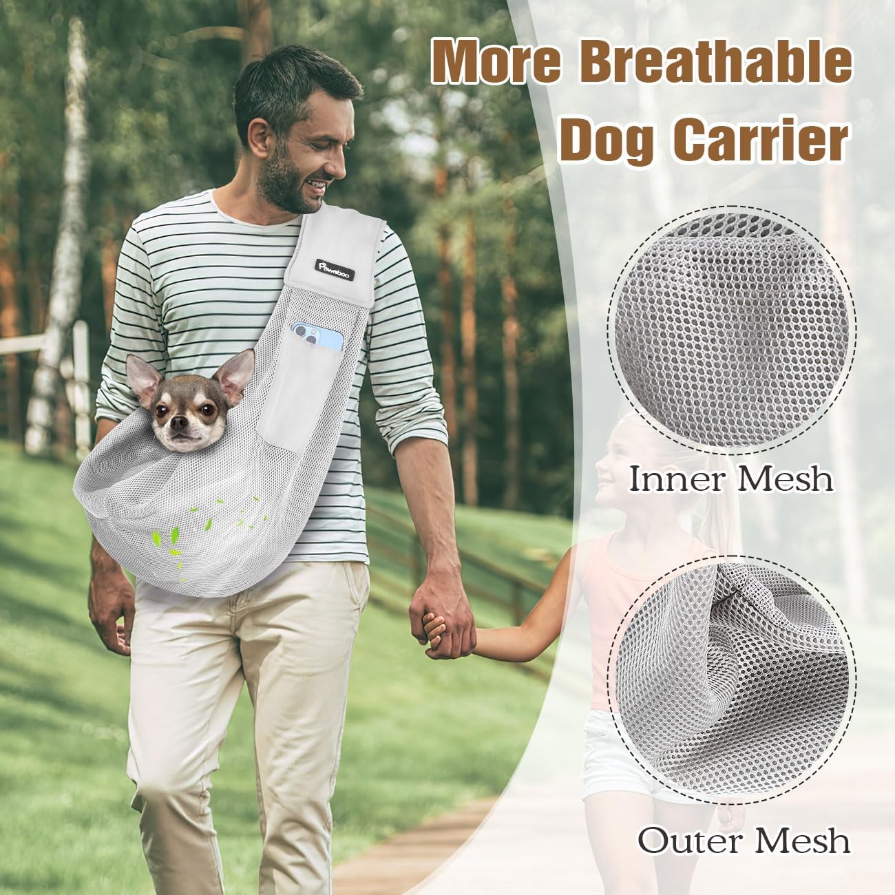 Pawaboo Small Dog Sling Carrier, Reversible Hands Free Dog Sling Carrier for Small Dogs and Cats, Puppy Sling Carrier with Adjustable Strap Buckle & Safety Harness, Puppy Essentials, Grey