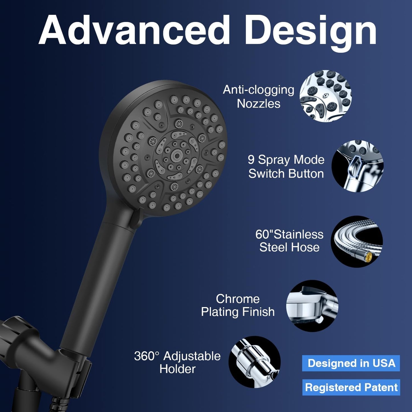 High Pressure 10-Mode Handheld Shower Head - Built in Power Wash for Clean, Replaceable Filter Soften Hard Water Remove Chlorine, 60 Inches Hose, Overhead Bracket, Anti-Clog Nozzle (Chrome)