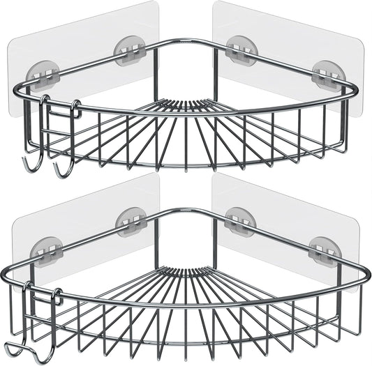 Jovware Corner Shower Caddy Shelf - Rust Proof Shelves with Bearing 30 lbs 8 Adhesive Suction Strip No Drilling 2 Hook - Large Sturdy Rack 2 Pack SUS304 Stainless Steel for Bathroom Kitchen Toilet