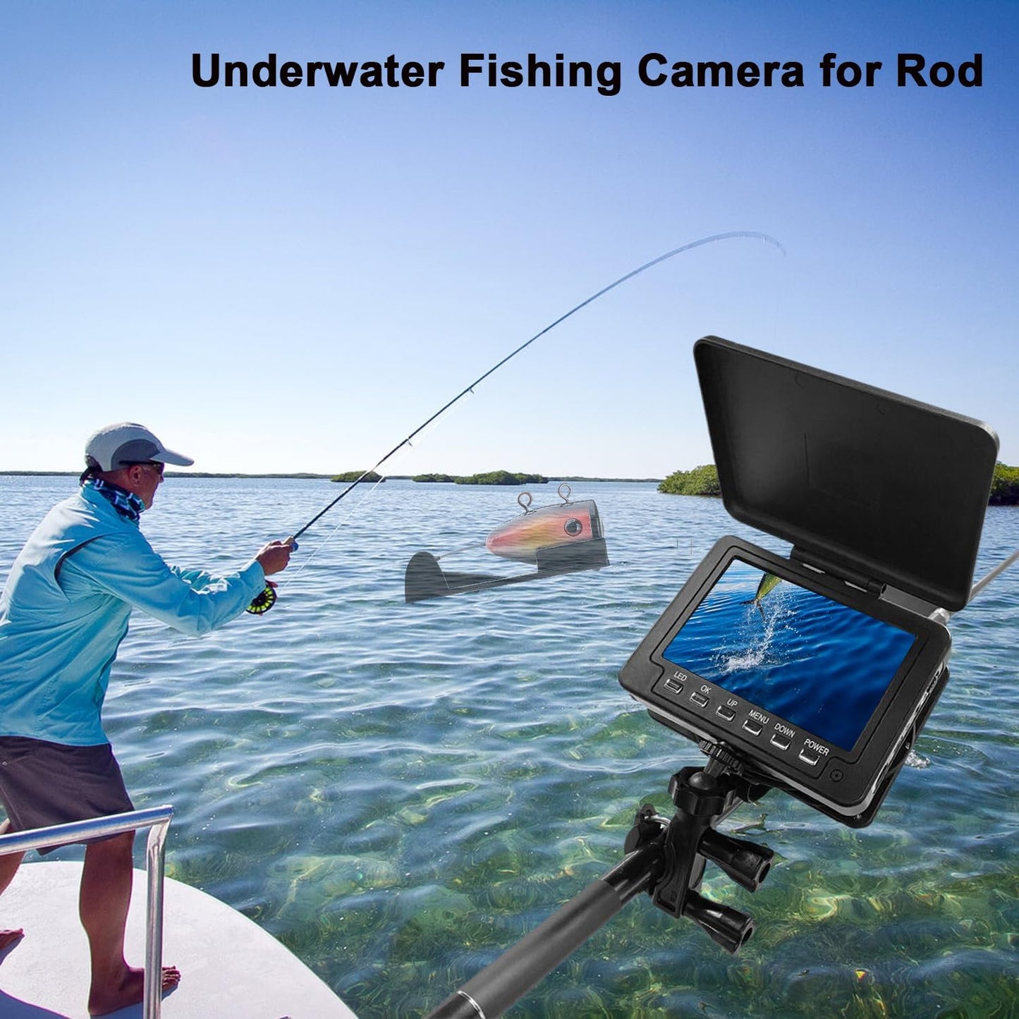 Underwater Fishing Camera for Rod, 5 Inch LCD Monitor with 1080P Portable Fish Finder, Adjustable LED White Light, 15M Cable Aluminum IP68 Camera for Ice Lake Sea Boat Kayak Fishing