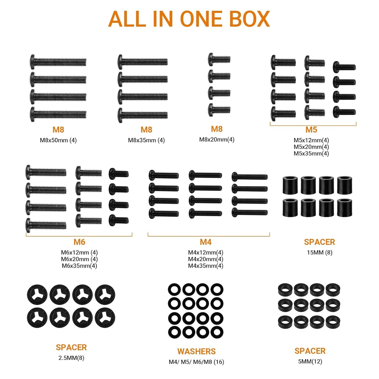 Universal TV Mounting Hardware Screw Kit Set - M4 M5 M6 M8 Screws,Spacers and Washers for Most TV/Monitor VESA Mount, TV Mount Replacement Screws with Box up to 80 inch(Black)