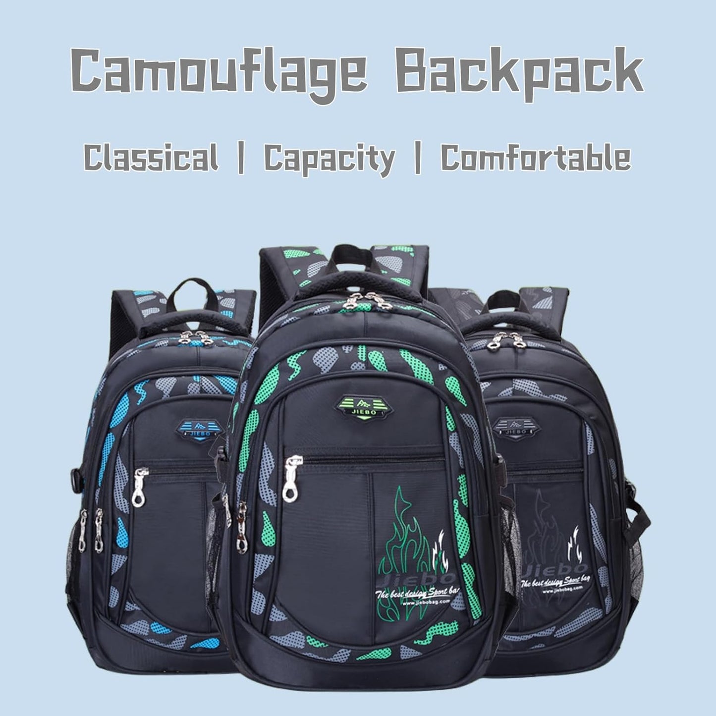 Blue-Camouflage Backpacks for Boys School Elementary, Camouflage Boys School Bags Capacity Bookbags