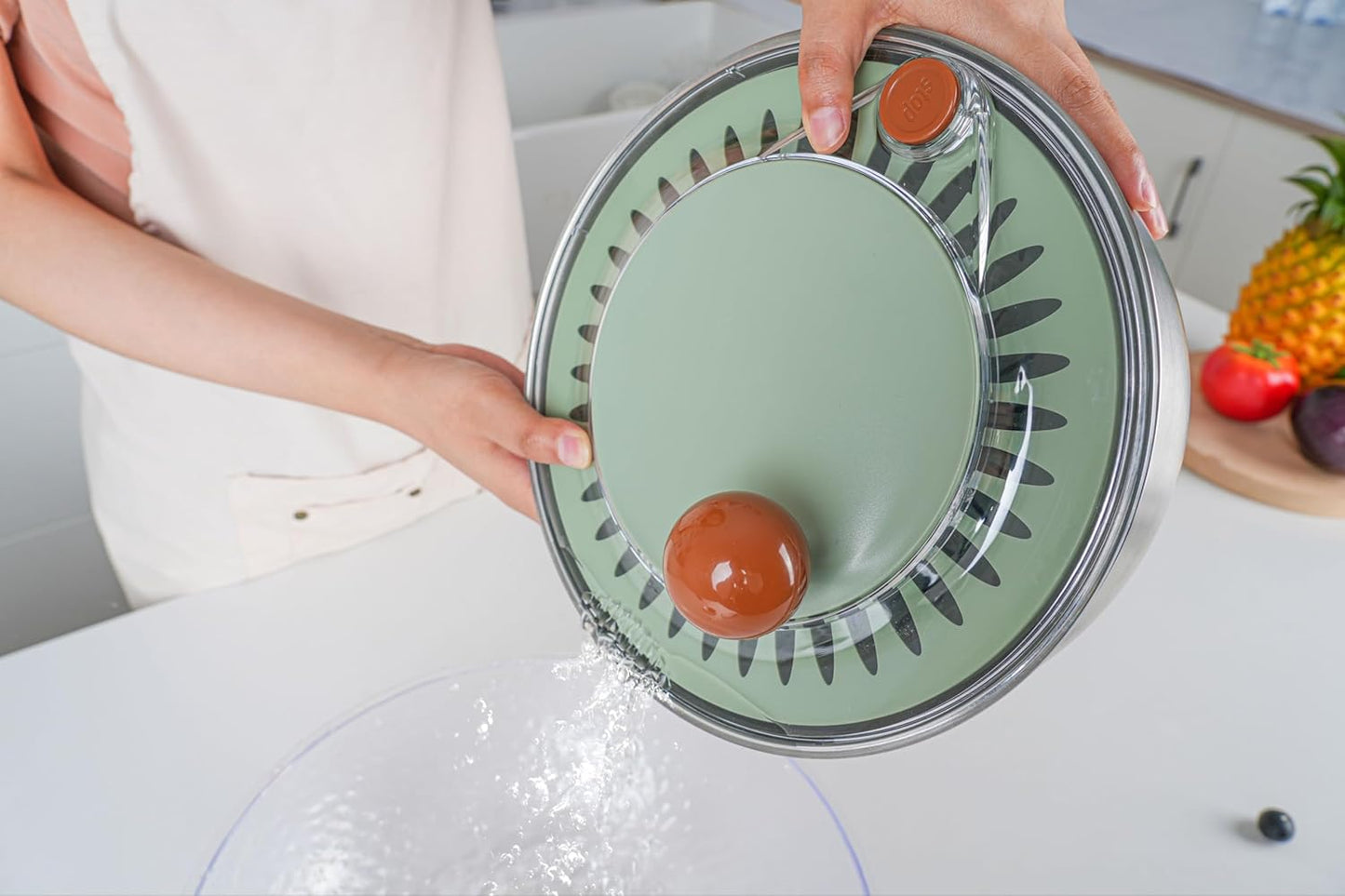 Shatomo Stainless Steel Salad Spinner, 5L Lettuce Spinner with Non-Slip Base, Drain and Stop Button, Fruit and Vegetable Washer and Dryer Spinner