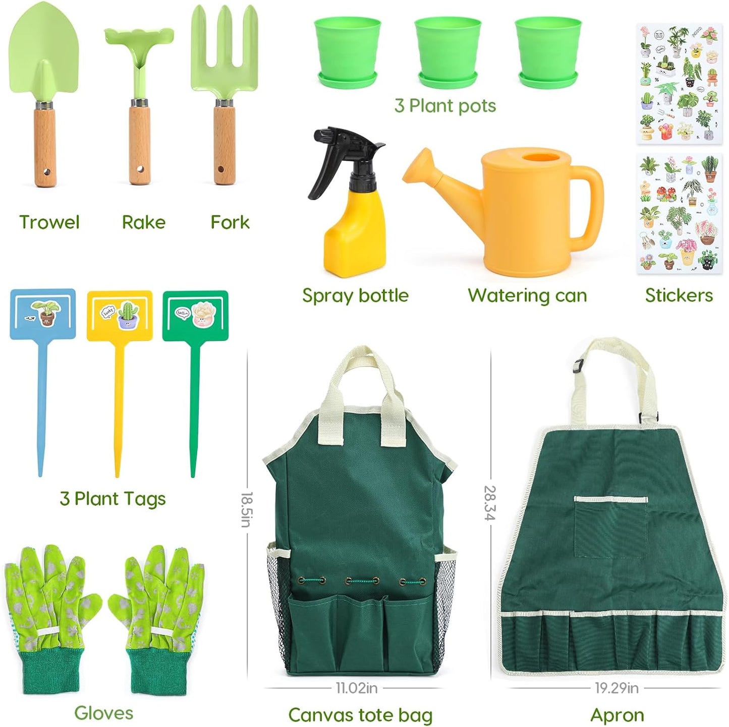 CUTE STONE Pink Kids Gardening Tool Set, Garden Toys W/ Shovel, Rake, Trowel, Apron W/Pockets, Garden Tote Bag, Watering Can, DIY Stickers, Outdoor Backyard Digging Gift Toys for Boys Girls