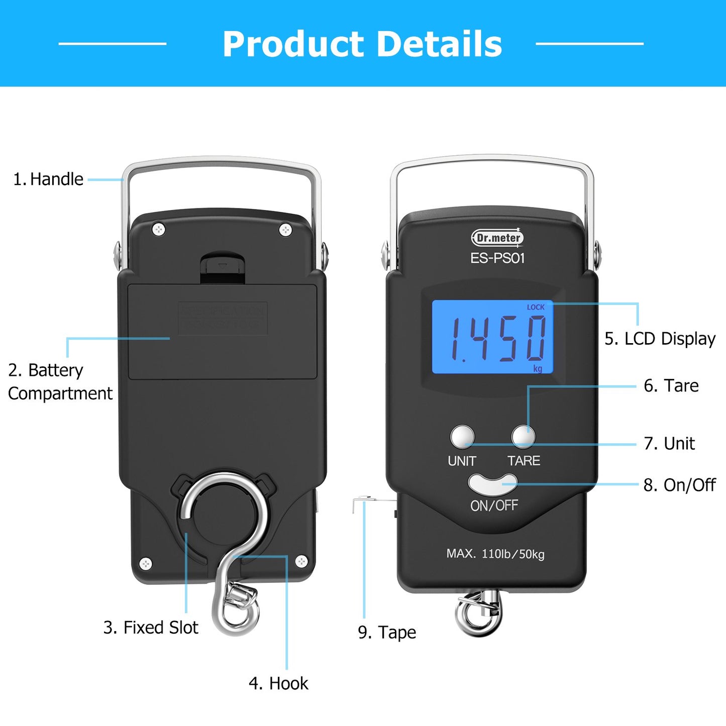 Fish Scale, Dr.meter 110lb/50kg Backlit LCD Display Digital Scale with Built-in Measuring Tape - Electronic Fishing Postal Hanging Hook Scale with 2 AAA Batteries, Pocket Size