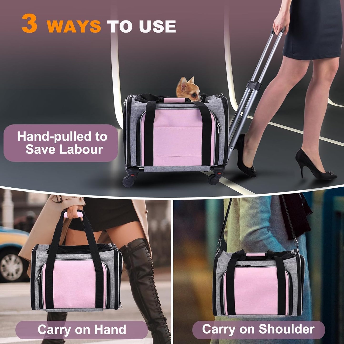 Pet Carrier Airline Approved on Wheels - Two Sided Expandable Cat Soft Carrier for Puppy and Cats Under 26lbs, Rolling Cat Carrier for Airplane, Camping, Outdoor(Pink)