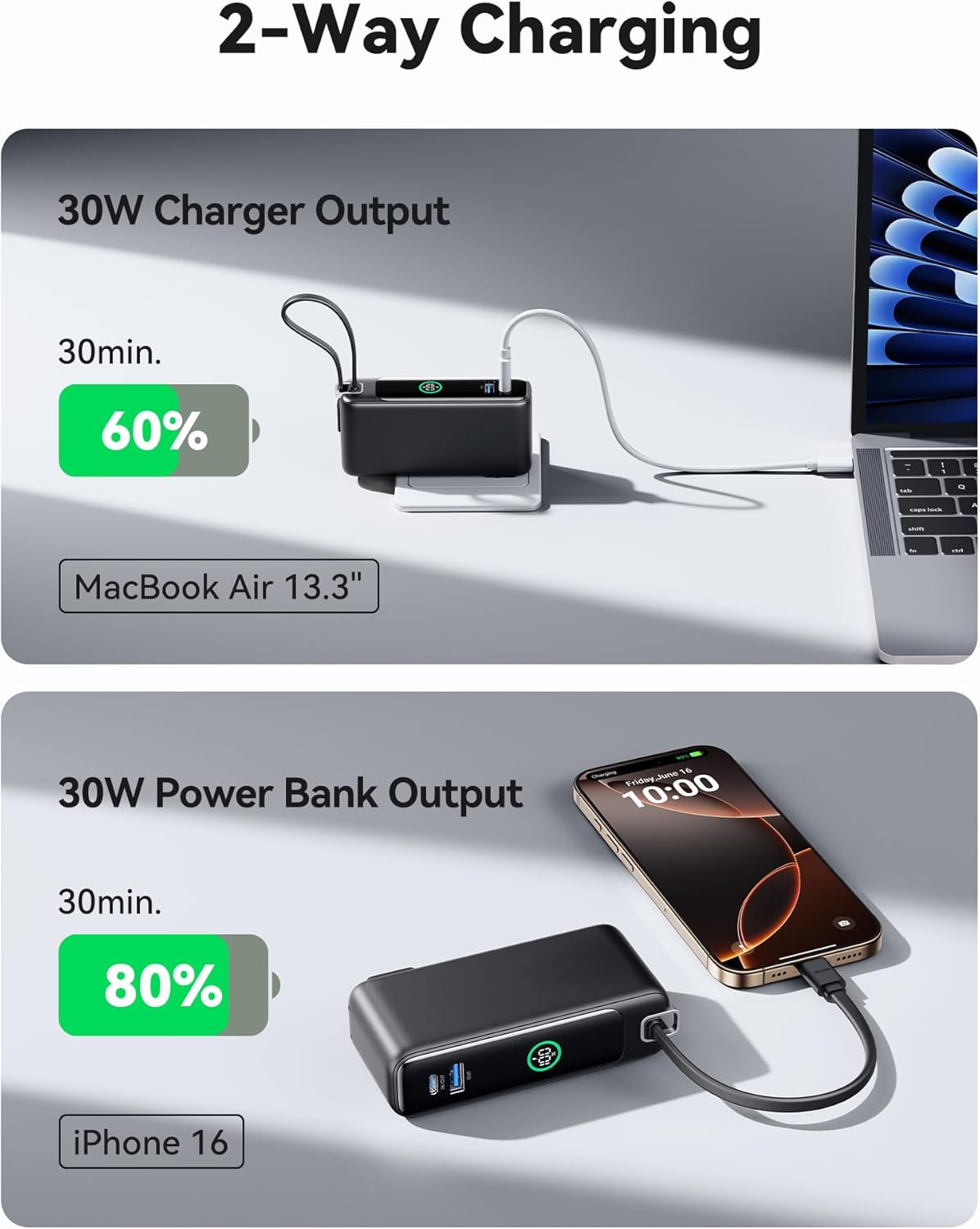 INIU 3-in-1 Power Bank, 30W 10000mAh Fast Charging Portable Charger, Built-in USB C Cable and Foldable AC Plug, Travel Outdoor Essentials Powerbank, Battery Pack for iPhone 16 15 Samsung S25 S24 etc